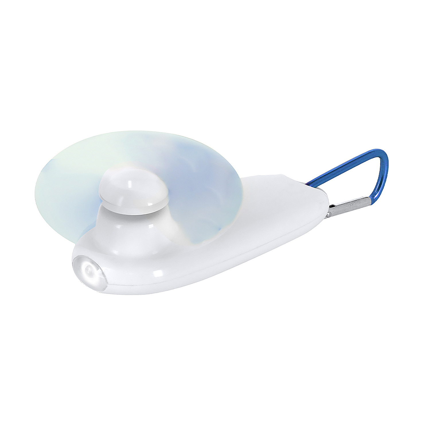 Un mini ventilador blanco con mosquetón azul y luz LED.