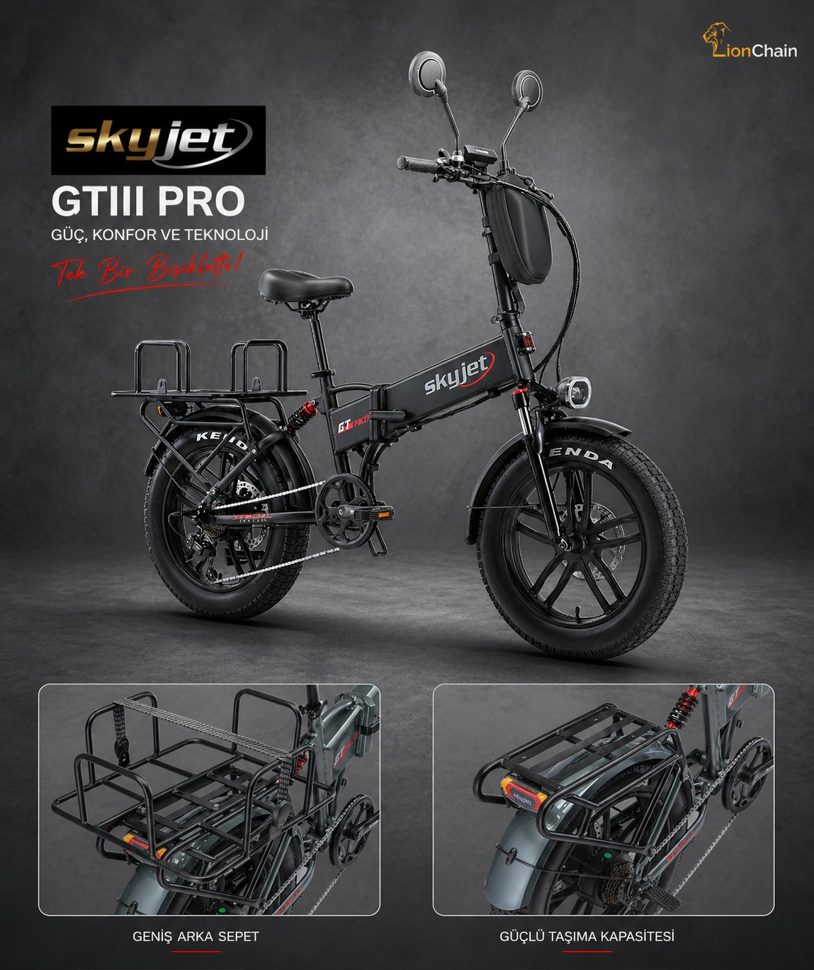 Büyük arka sepetli ve yan detaylı siyah Skyjet GTIII PRO elektrikli bisiklet.