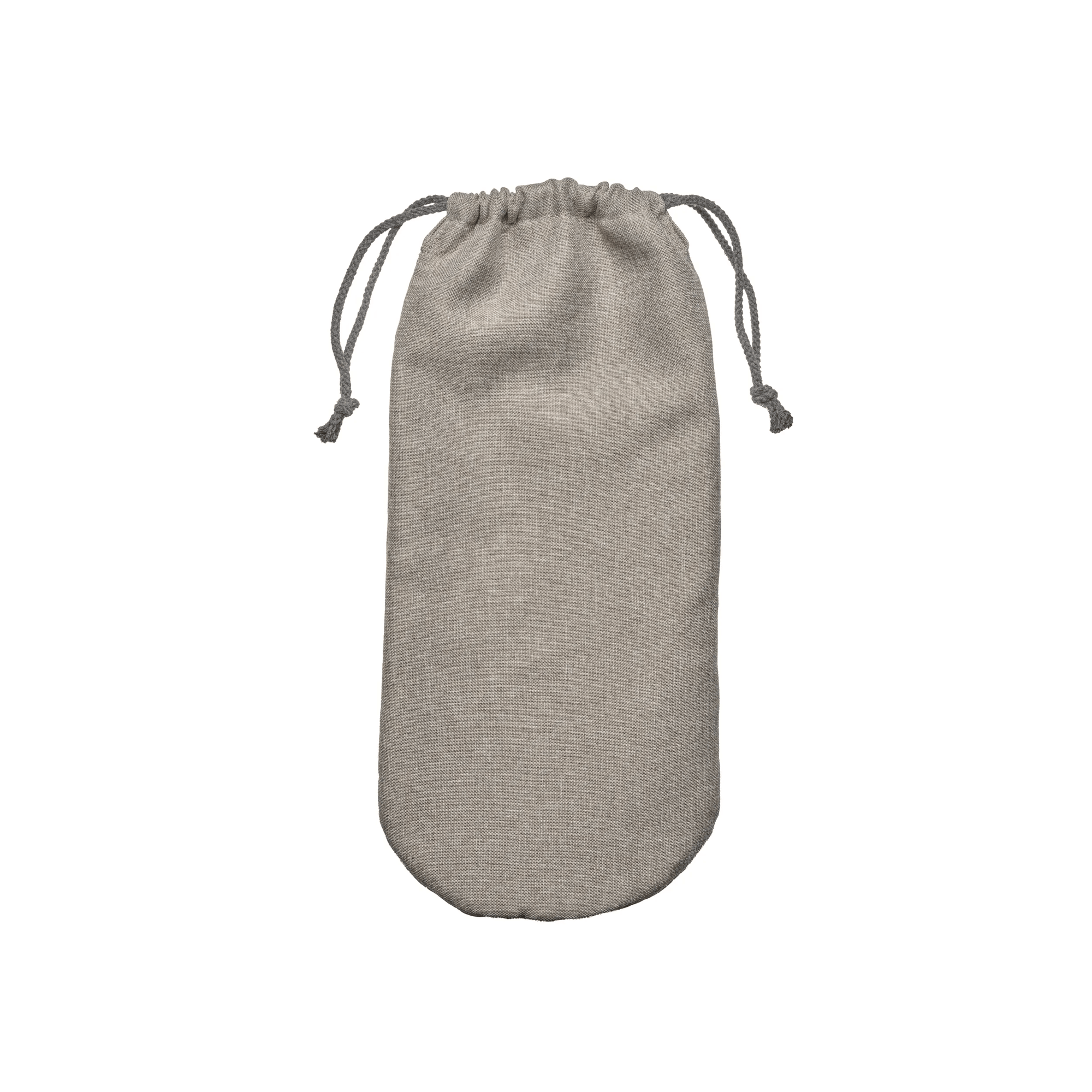 Un sacchetto di lino beige con coulisse e cordini, su sfondo bianco.