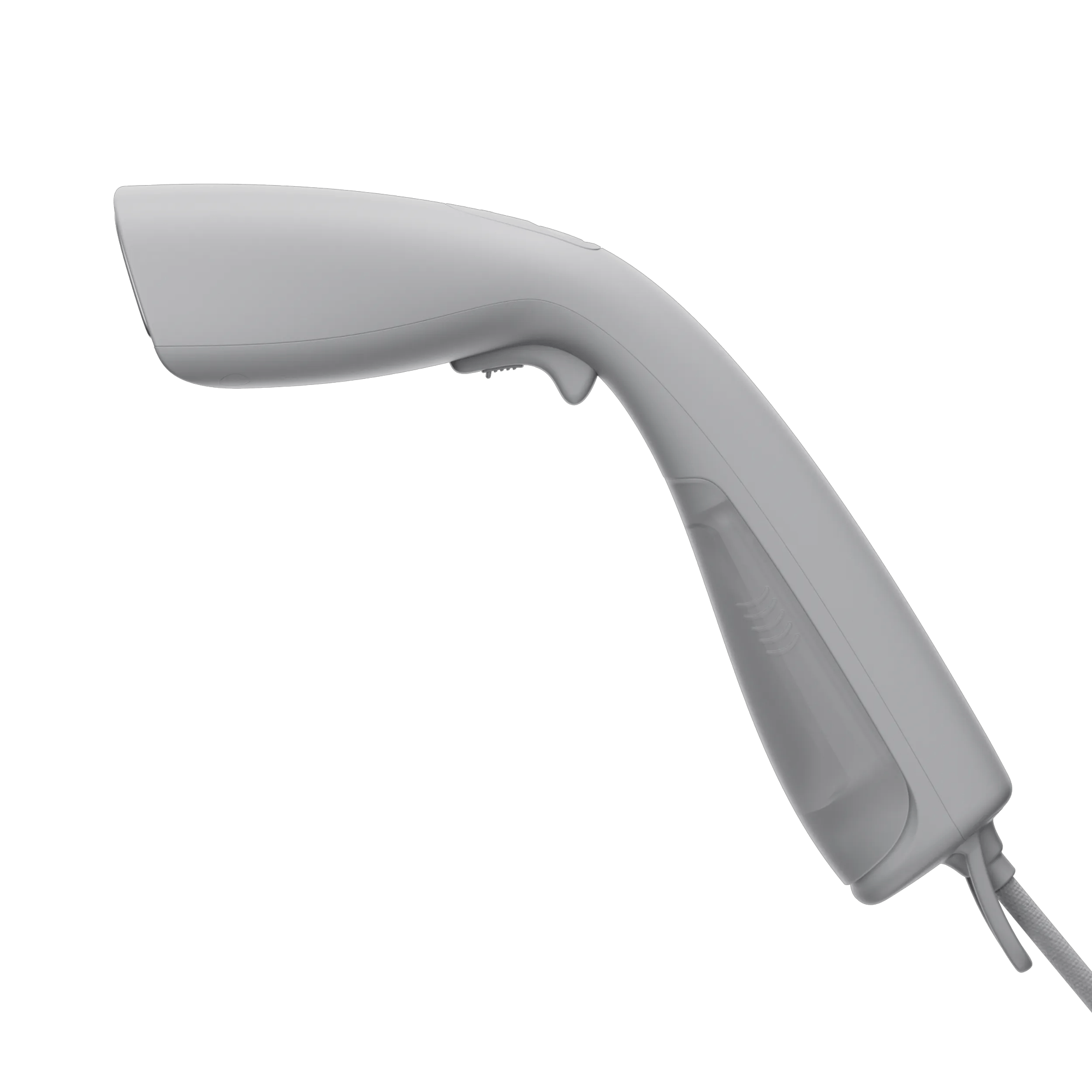 Un vaporizzatore portatile grigio chiaro con serbatoio dell'acqua traslucido e grilletto.
