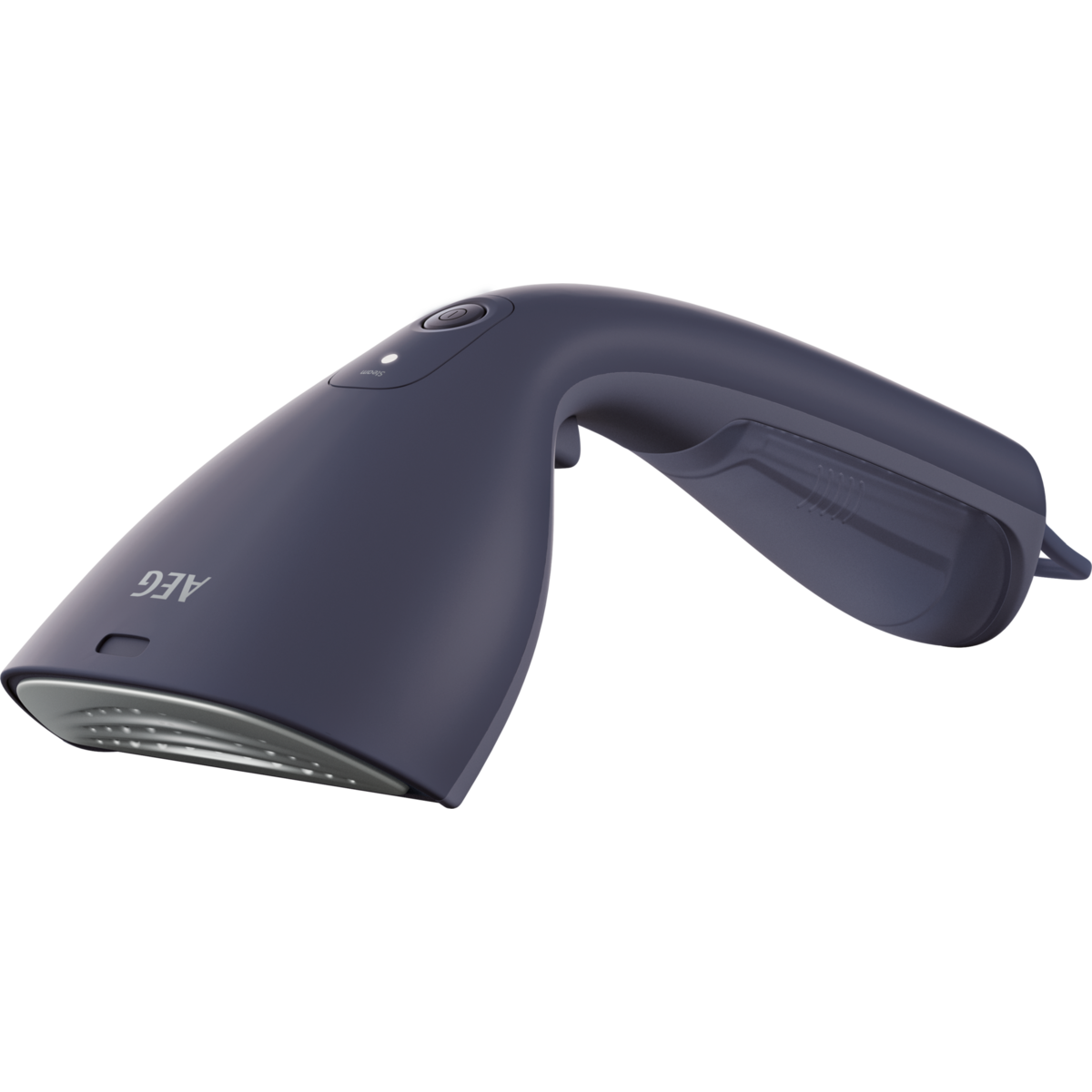 Vaporizzatore per abiti blu scuro portatile con manico e serbatoio.