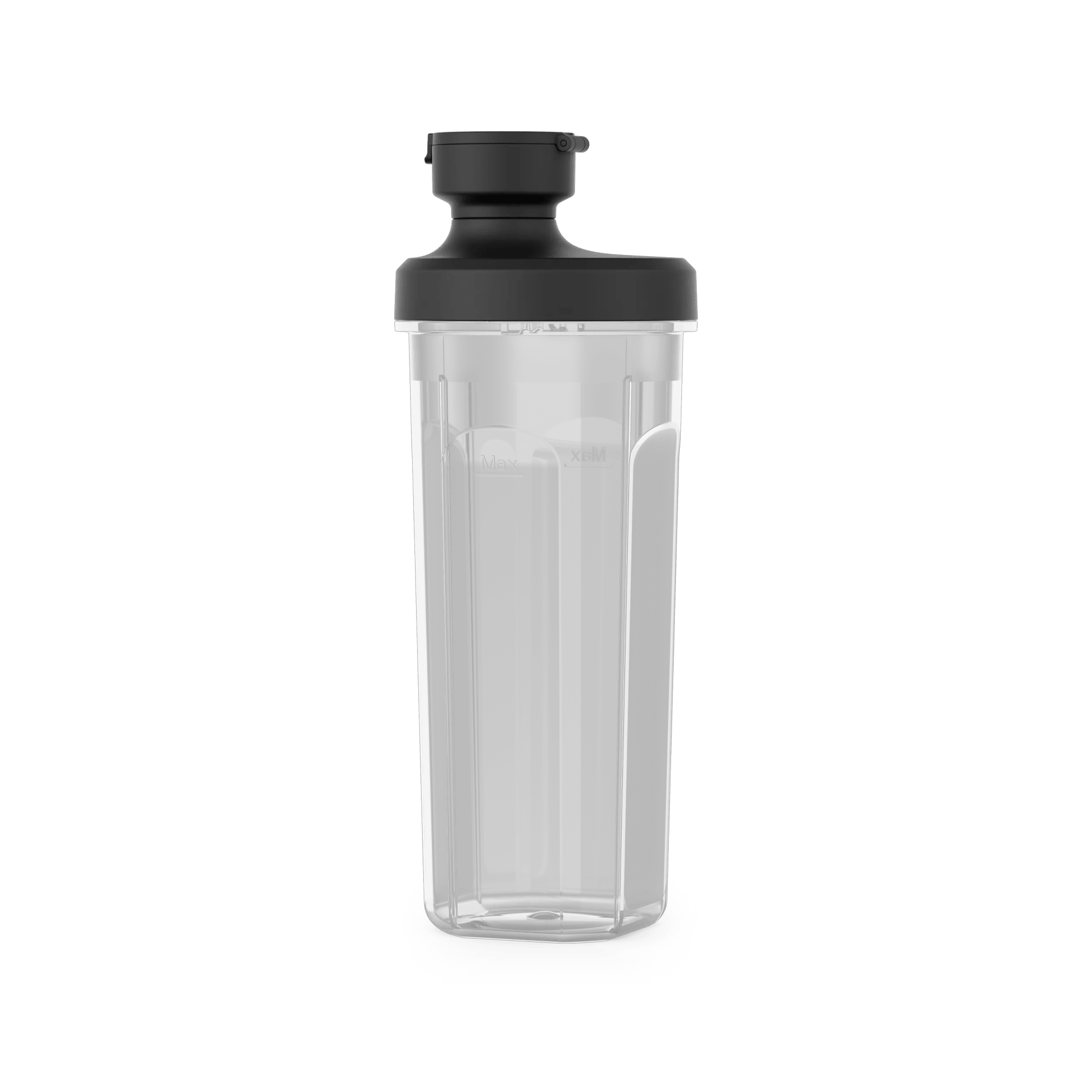 Botella mezcladora transparente con tapa negra y marcas de medición.