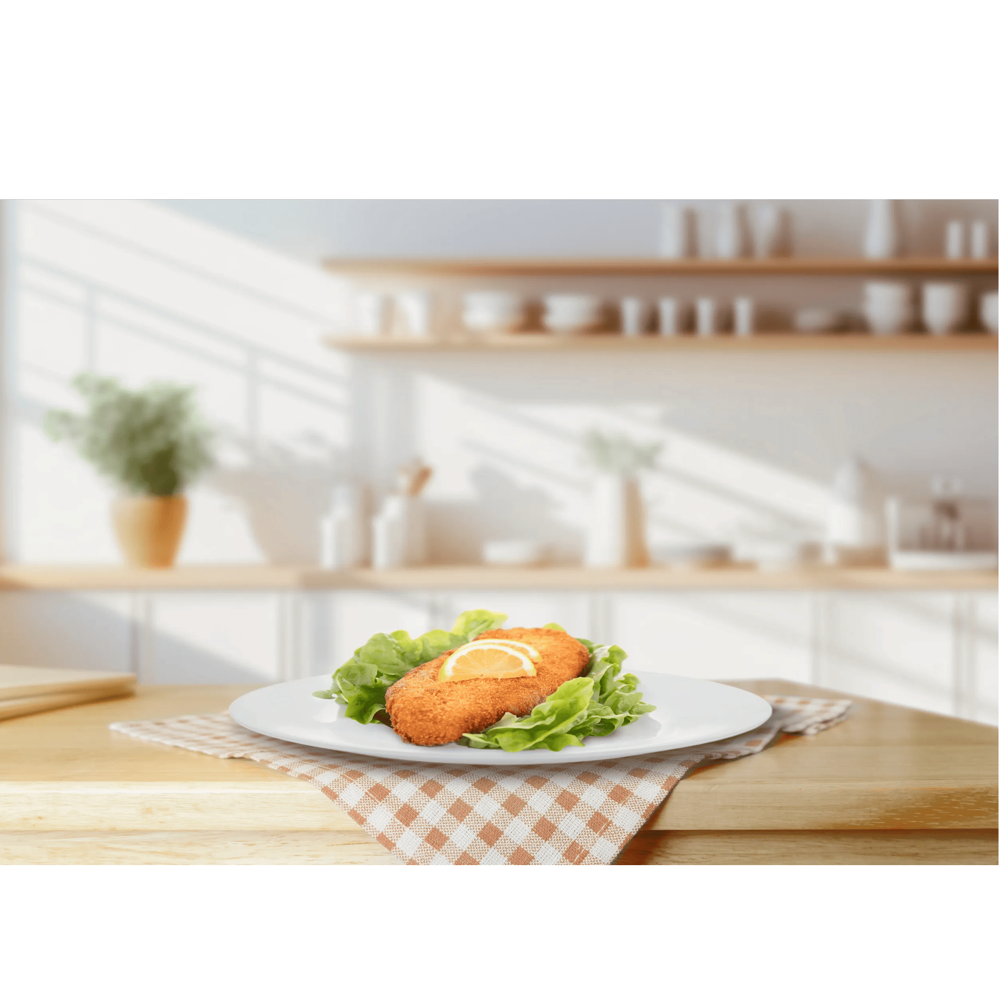 Ein paniertes Schnitzel mit Zitrone auf Salat, auf einem karierten Tuch serviert.