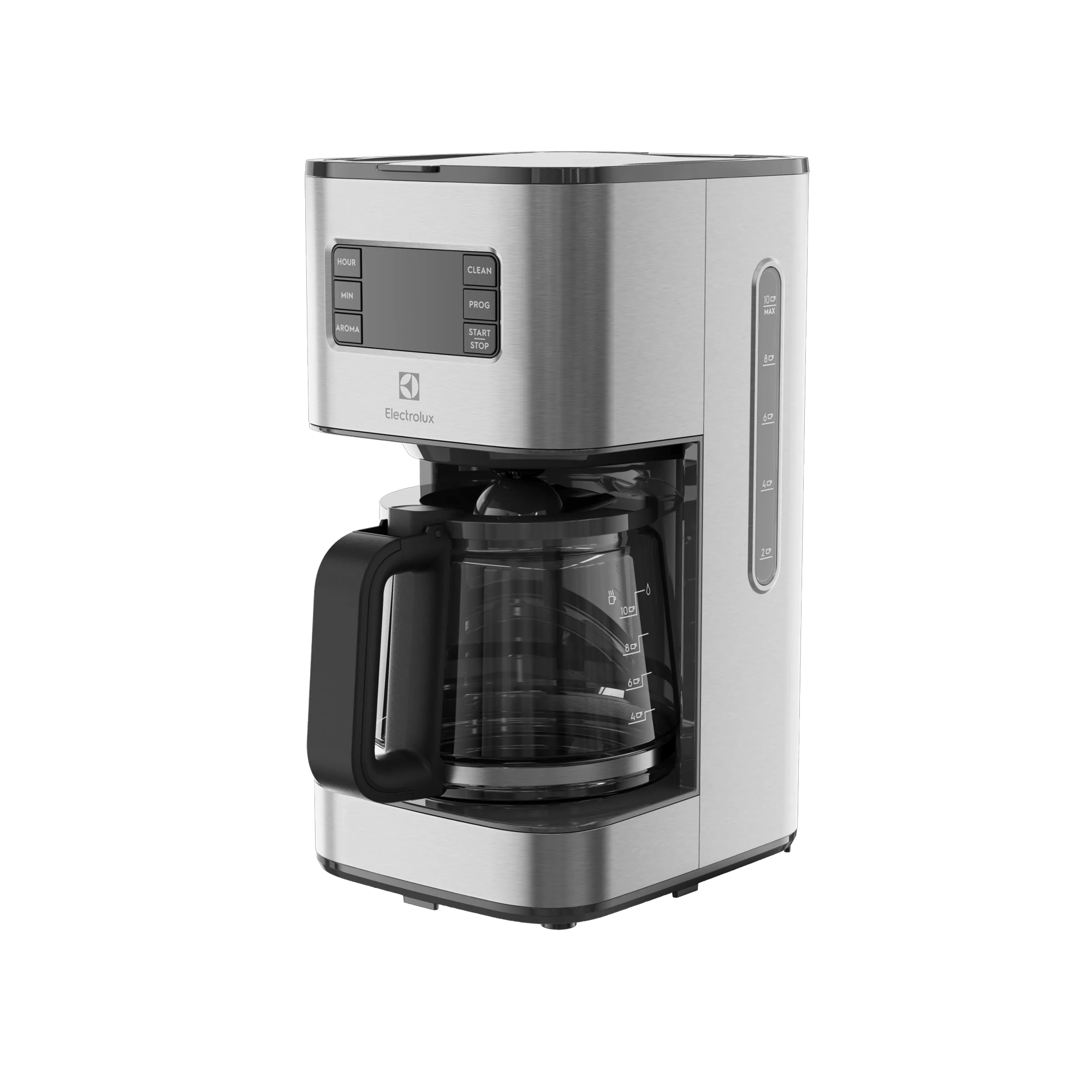 Dijital kontrol panelli, cam sürahili gümüş renkli Electrolux kahve makinesi.