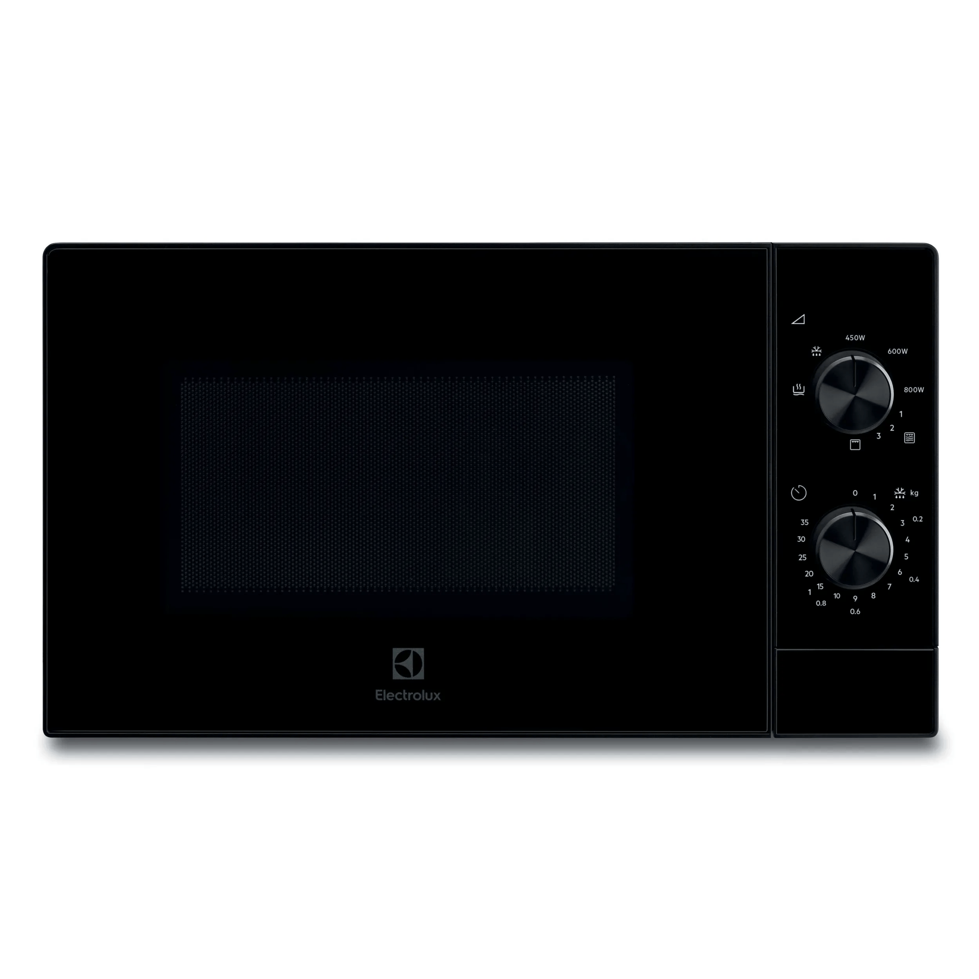 Schwarze Electrolux Mikrowelle mit zwei Drehreglern und Digitalanzeige.