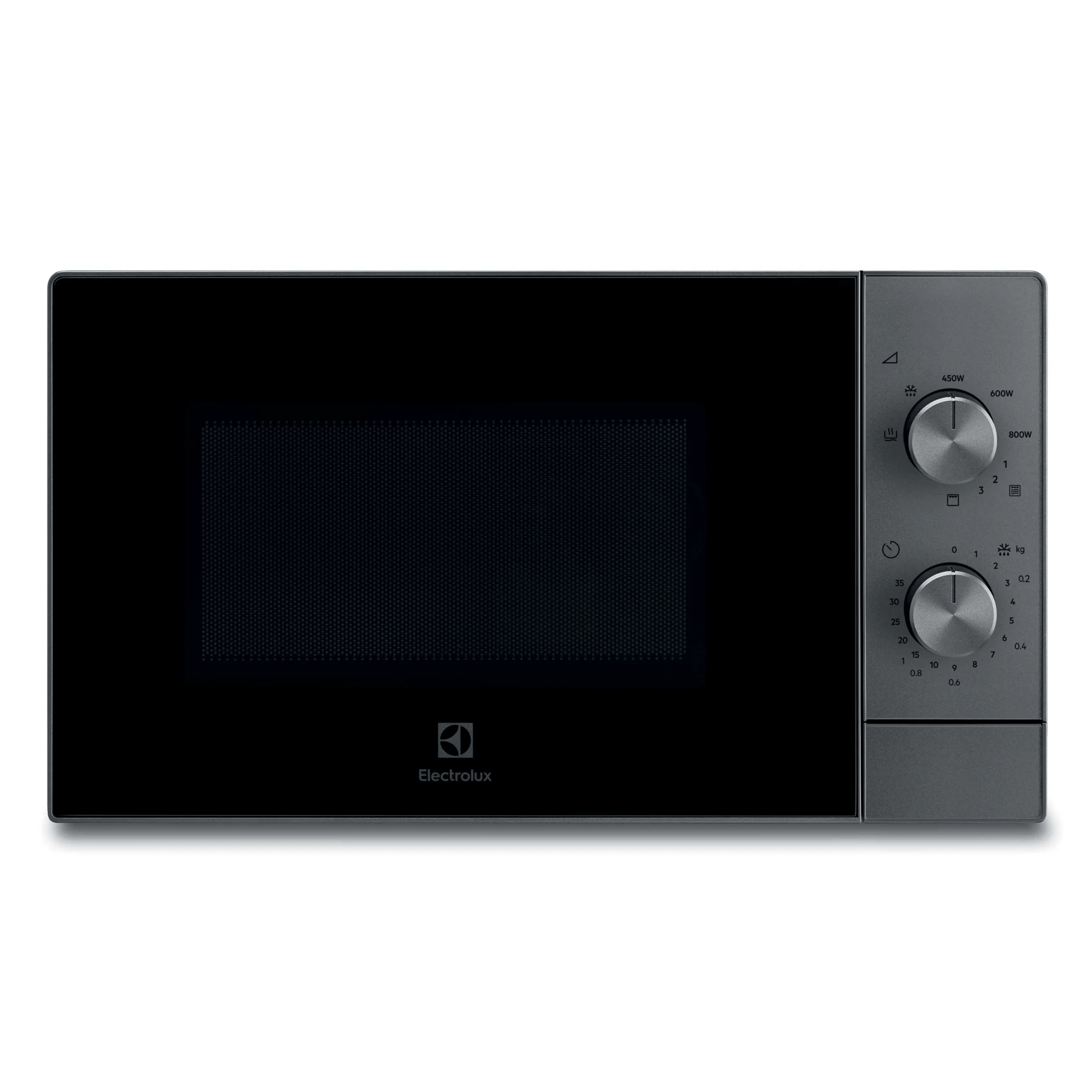 Nowoczesna szara kuchenka mikrofalowa Electrolux z czarnymi drzwiami i pokrętłami.
