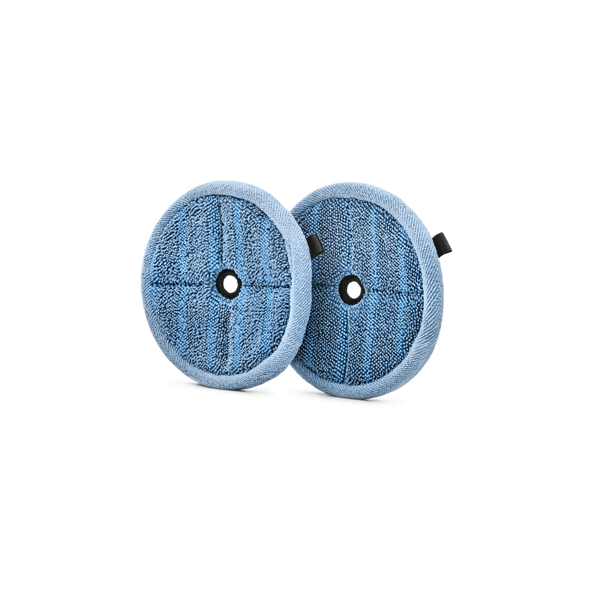 Dos paños de mopa redondos azules con agujero central y borde.