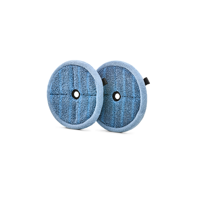 Dos almohadillas de microfibra azules con agujero central y borde de bucle.