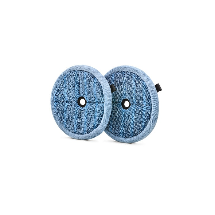 Dos almohadillas de limpieza redondas y azules con agujero central.