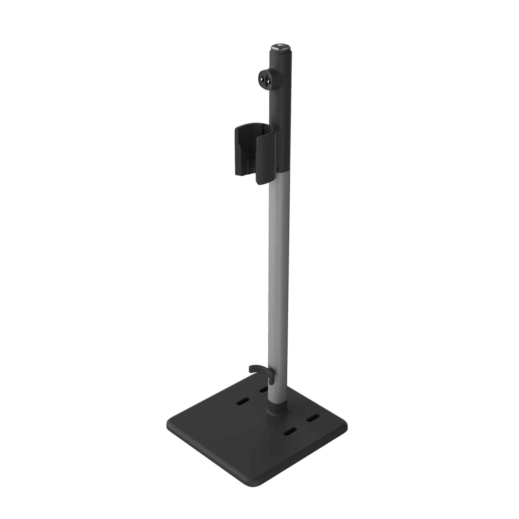 Un soporte plateado con base y soporte negros.
