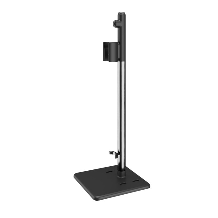 Un soporte negro con un poste metálico y una base cuadrada.