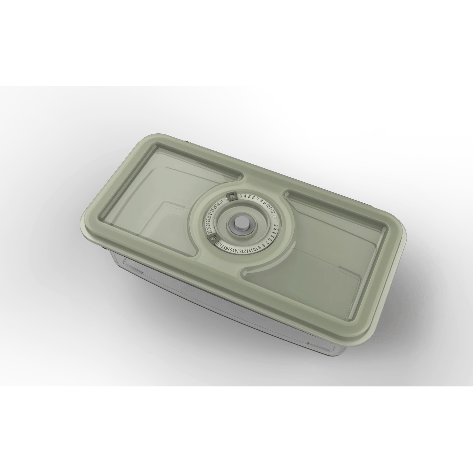 Una tapa rectangular verde claro para alimentos con dial giratorio de fecha.