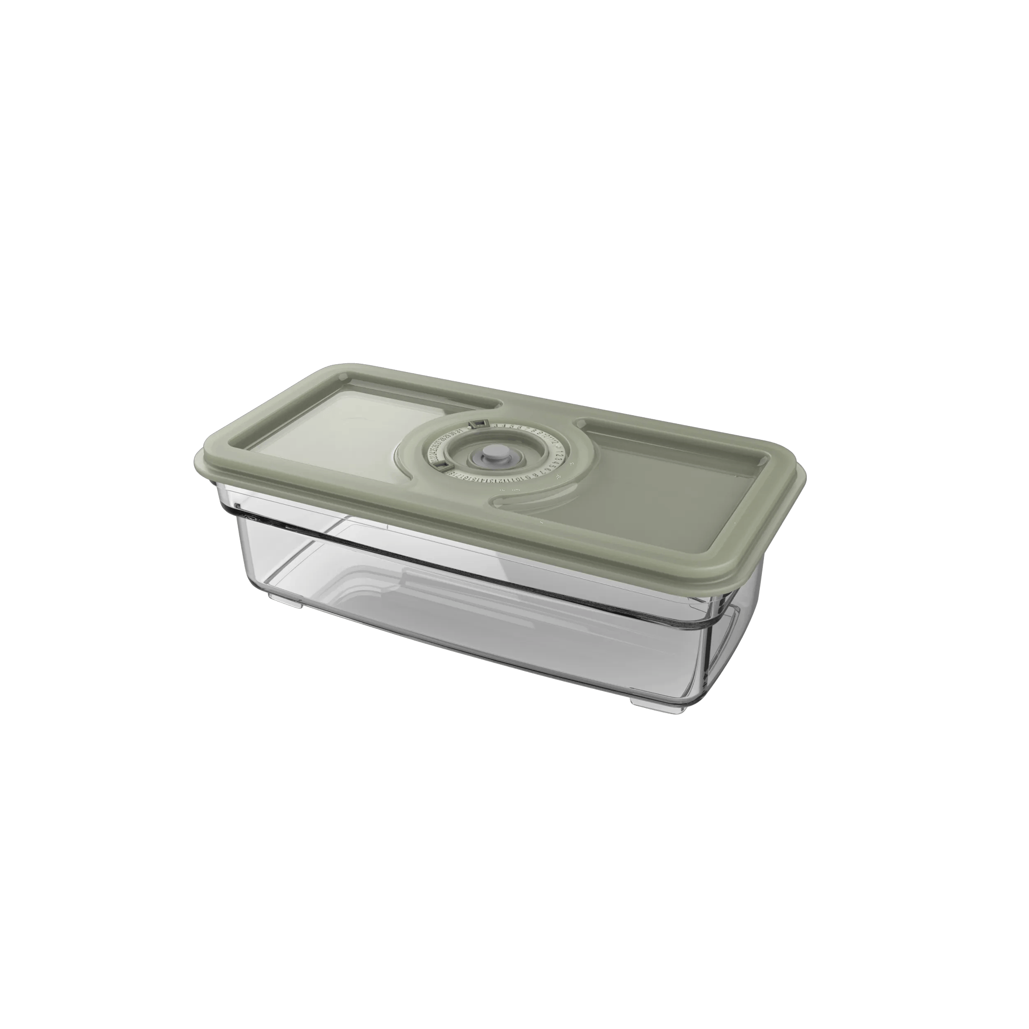 Un recipiente rectangular y transparente con tapa gris y válvula.