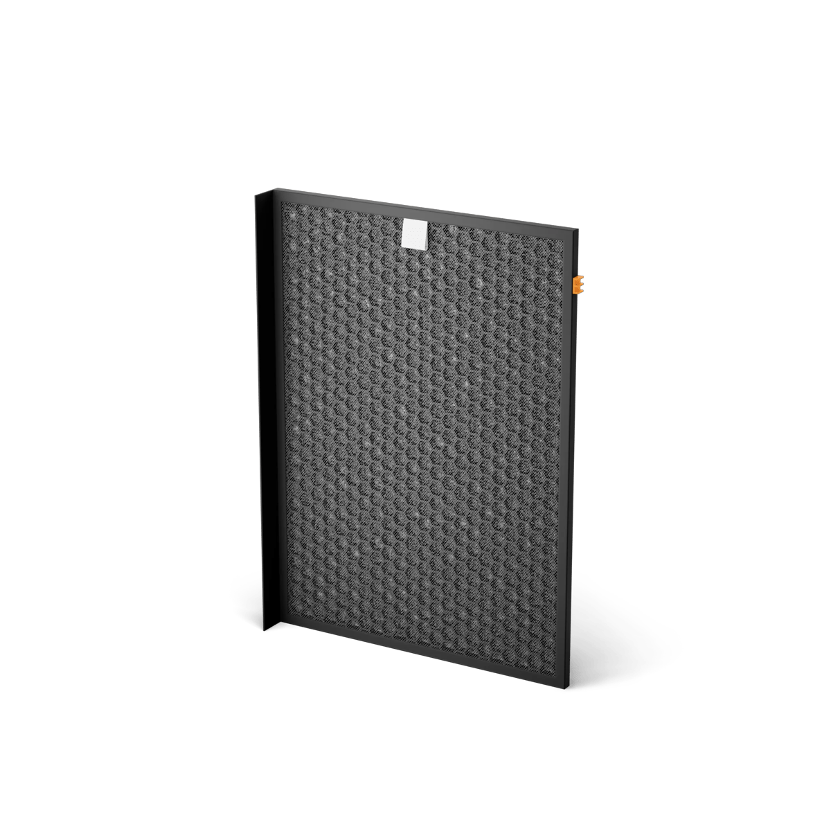 Un filtro de aire gris oscuro con patrón hexagonal sobre fondo verde oscuro.