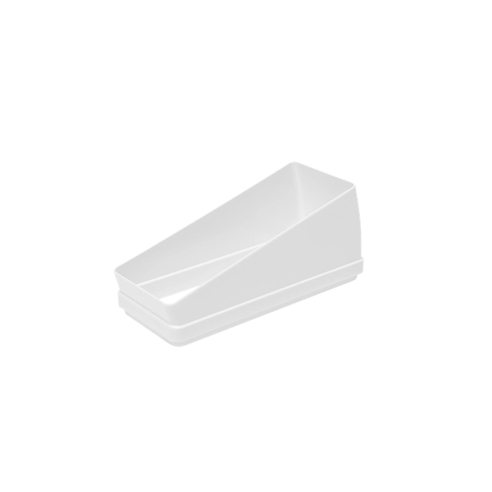 Un contenedor rectangular blanco con lados inclinados, sobre una base.