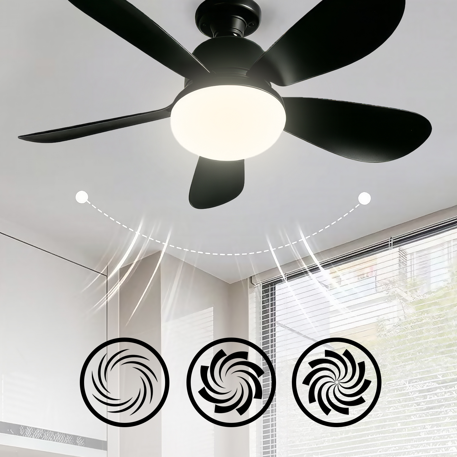 Ventilador de techo negro con luz y tres iconos de ventilador abajo.