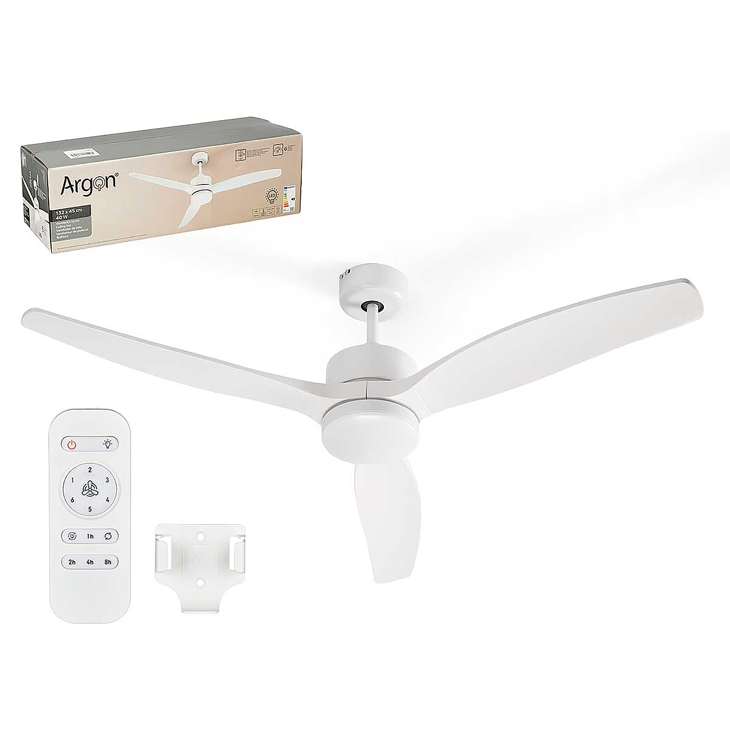 Un ventilador de techo blanco con mando a distancia y soporte.