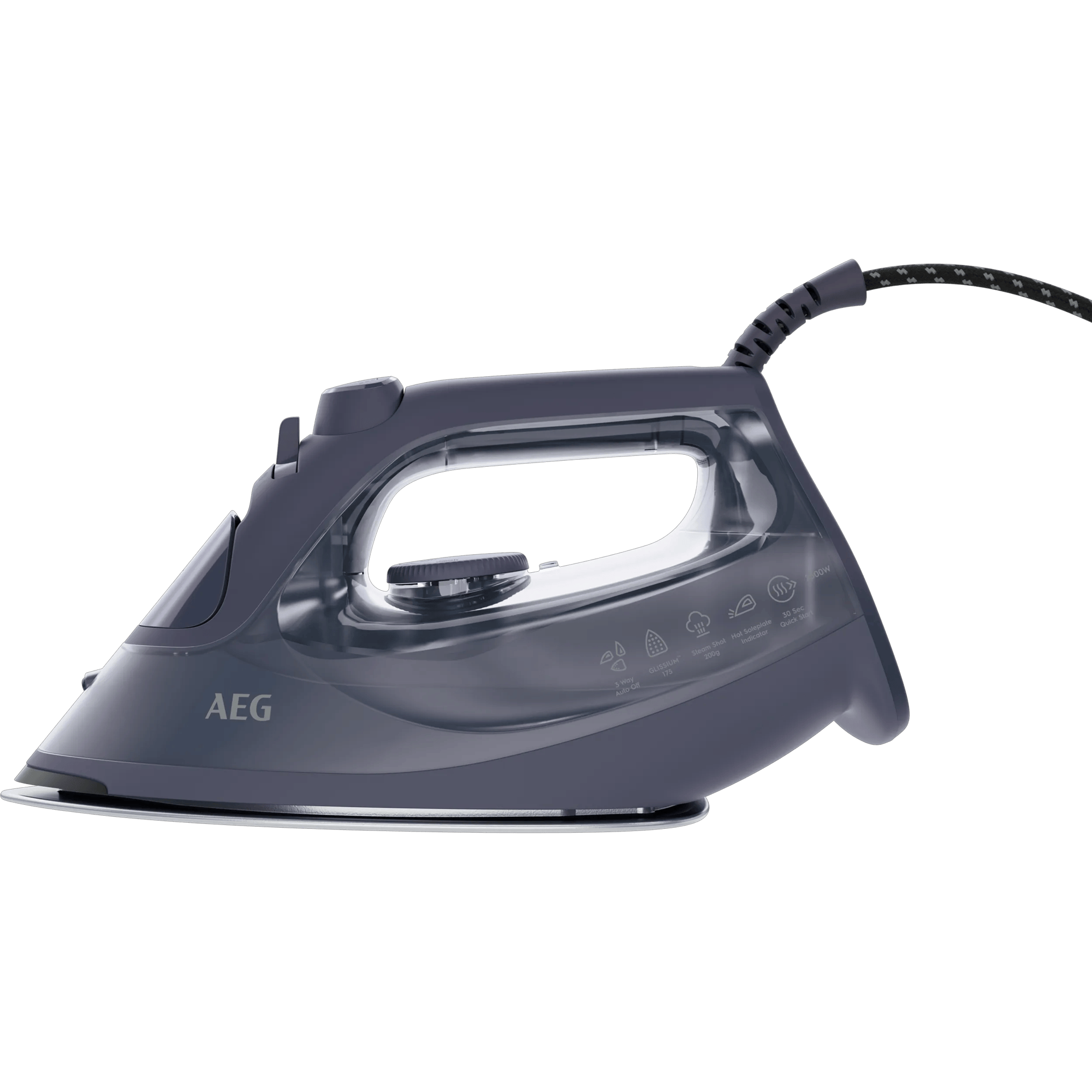 Una plancha AEG gris con depósito de agua transparente y cable negro.