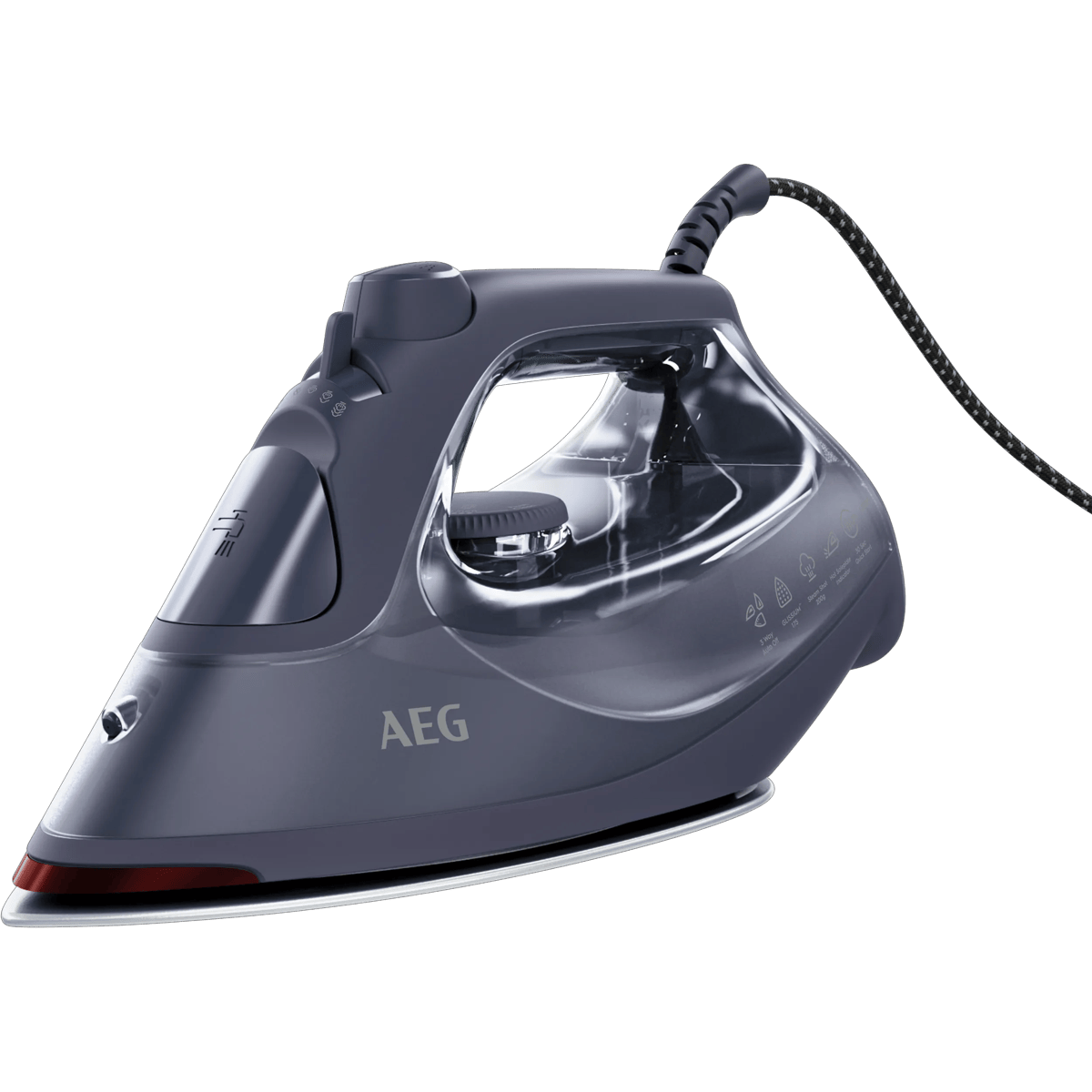 Plancha de vapor gris oscuro con depósito de agua transparente y cable negro.