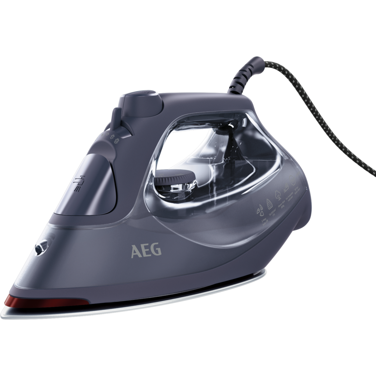 Una plancha AEG gris con depósito de agua transparente y cable negro.