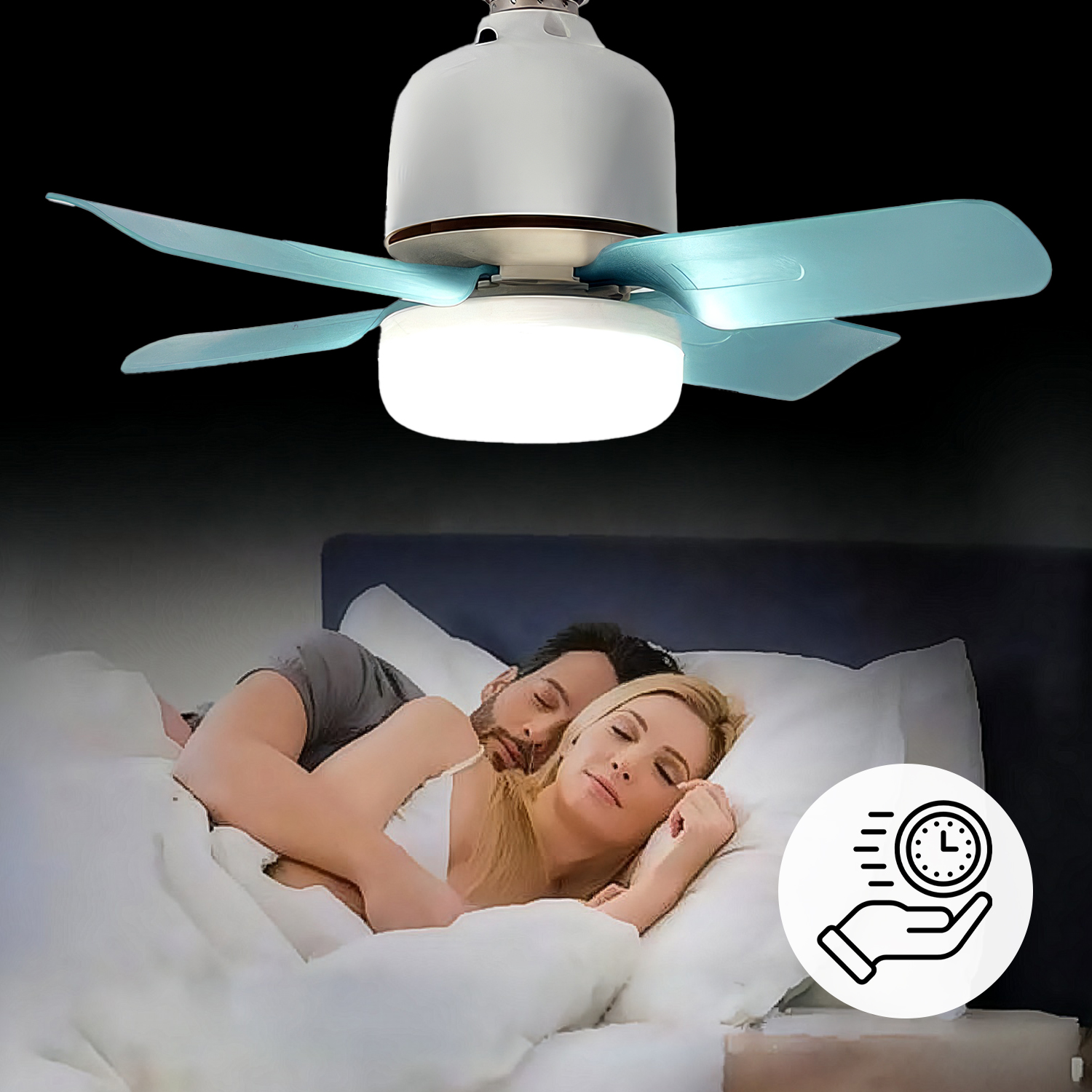 Ventilador de techo con aspas azules sobre una pareja durmiendo plácidamente en la cama.