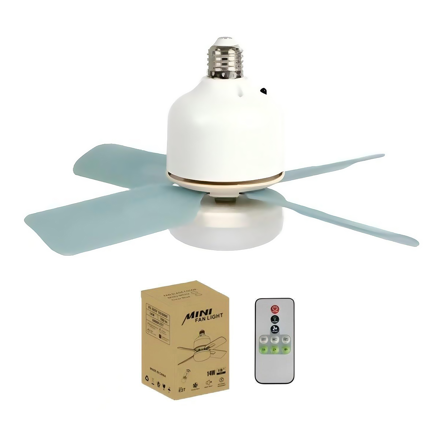 Un mini ventilador blanco con aspas azul verdoso y portalámparas en la parte superior.