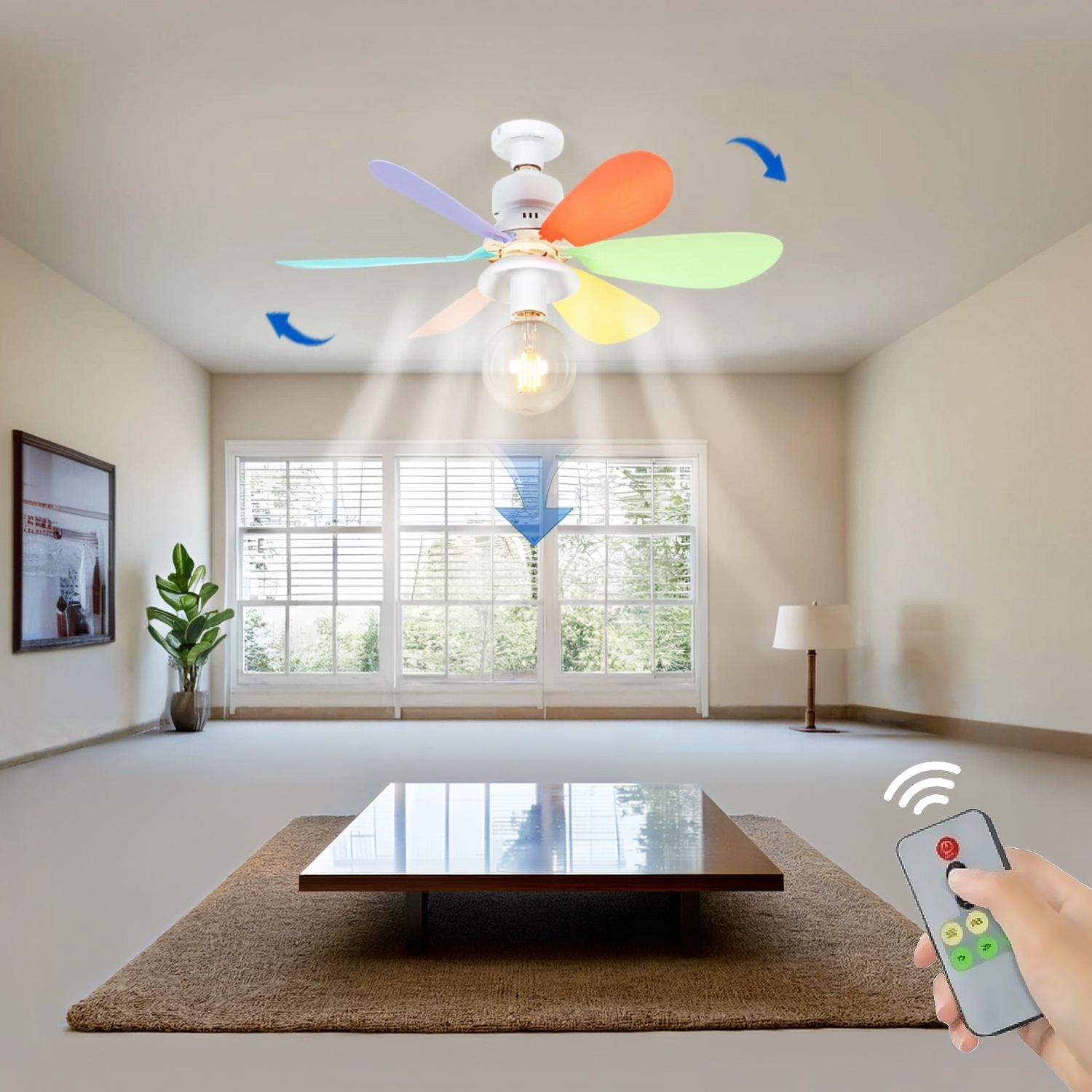 Se muestra un ventilador de techo colorido con una bombilla en una habitación con un control remoto.