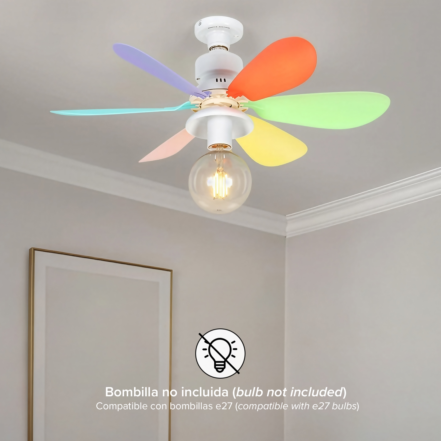 Ventilador de techo con aspas de colores: morado, turquesa, rosa, naranja, verde, amarillo. Bombilla no incluida.