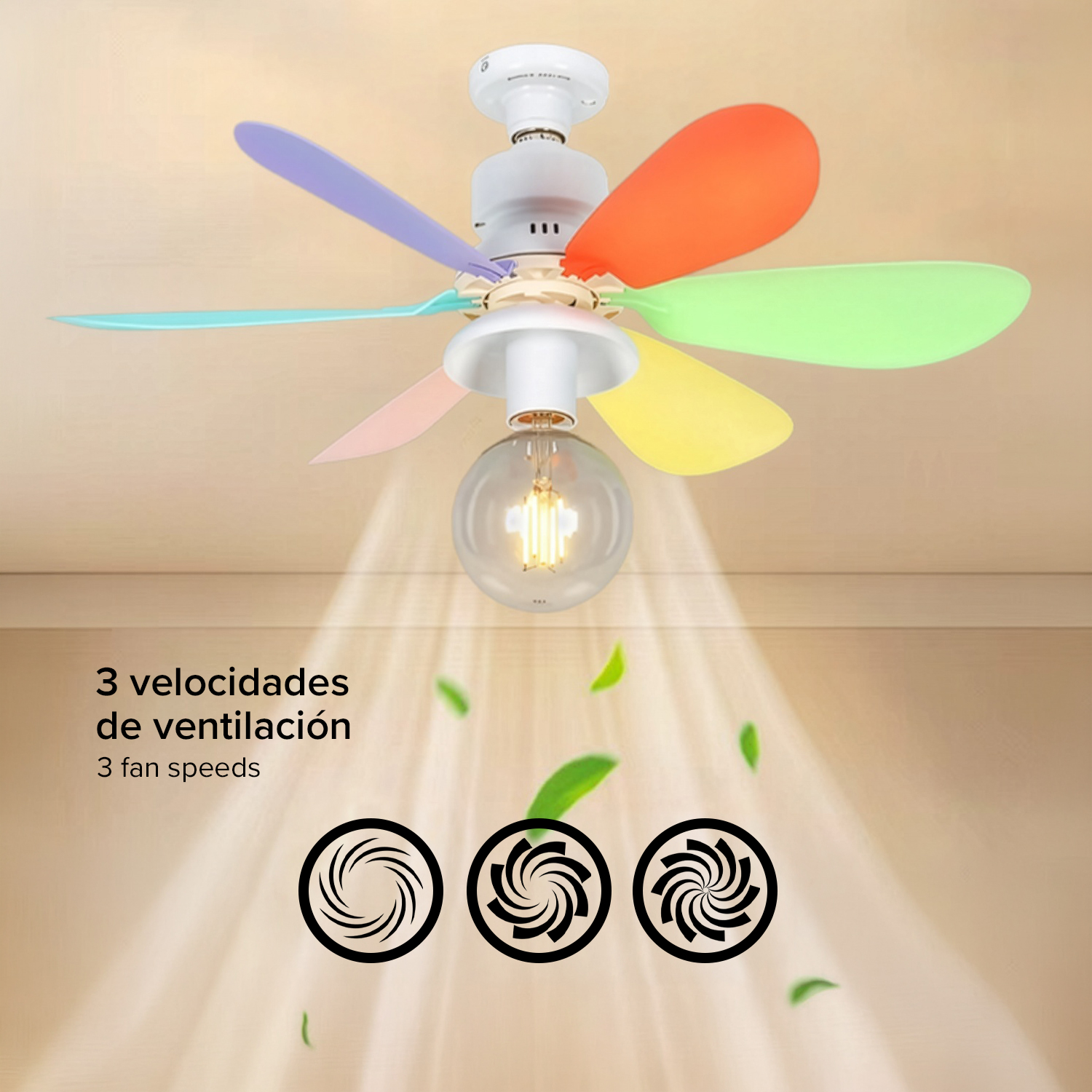Ventilador de techo multicolor con lámpara e iconos de velocidad.