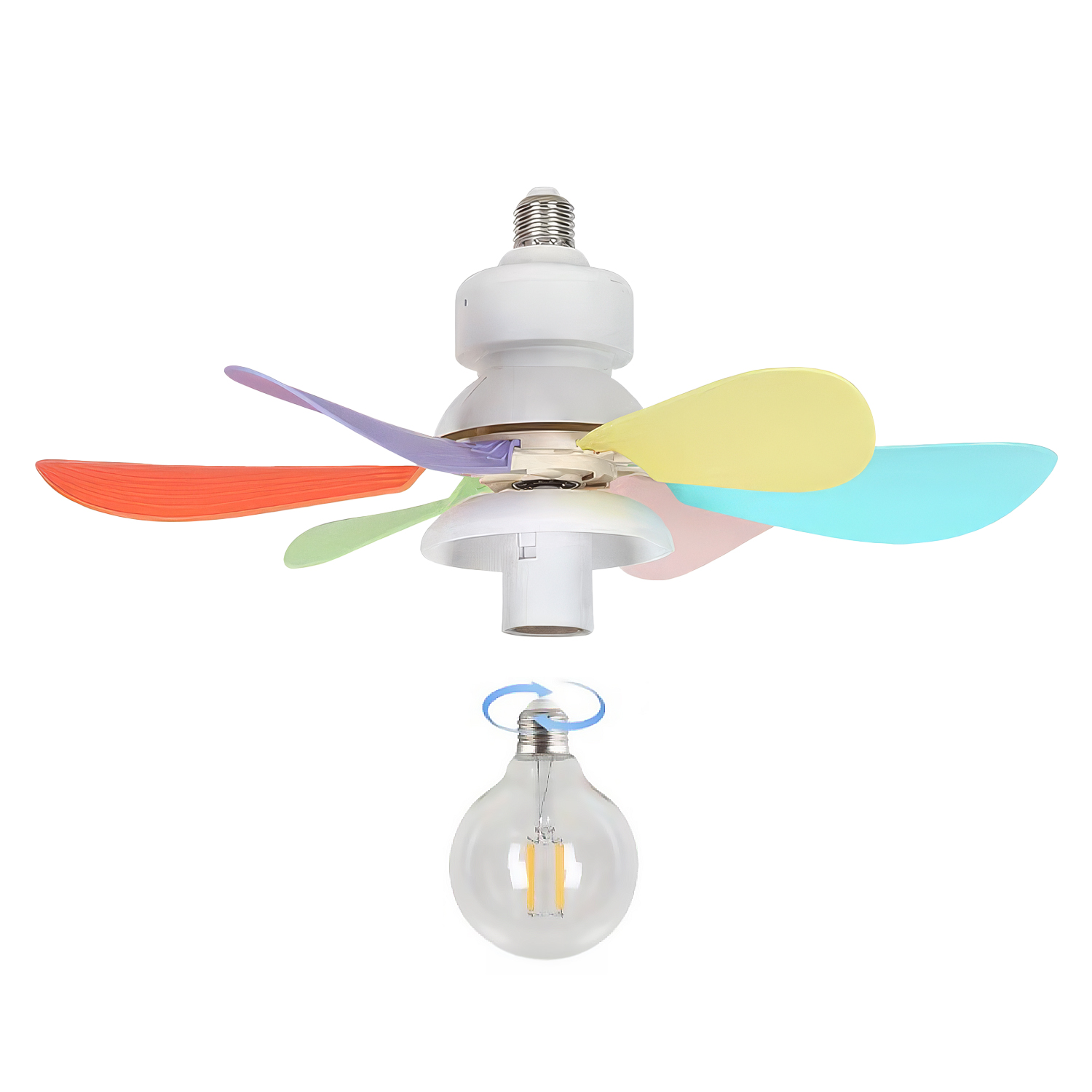 Un ventilador blanco con aspas de colores se acopla a una bombilla.
