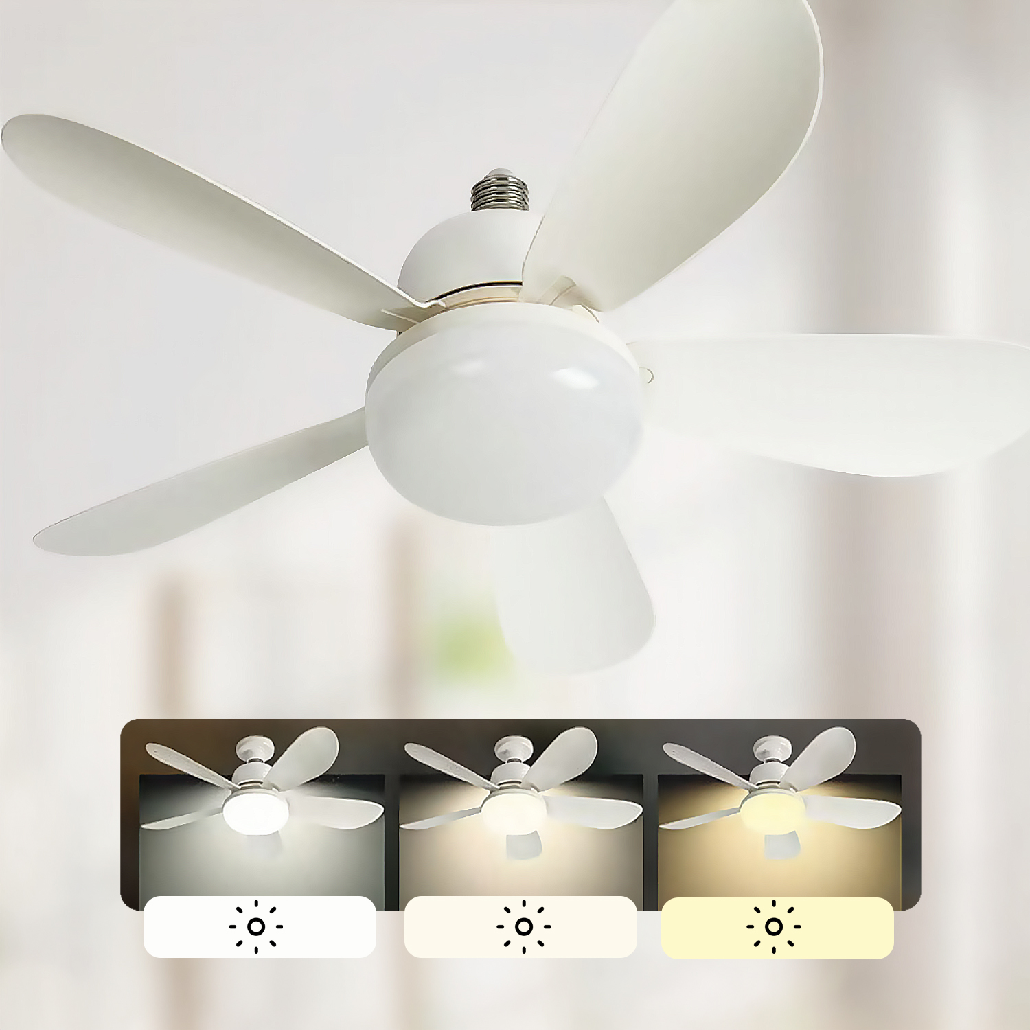 Un ventilador de techo blanco con luz, mostrando diferentes niveles de brillo.