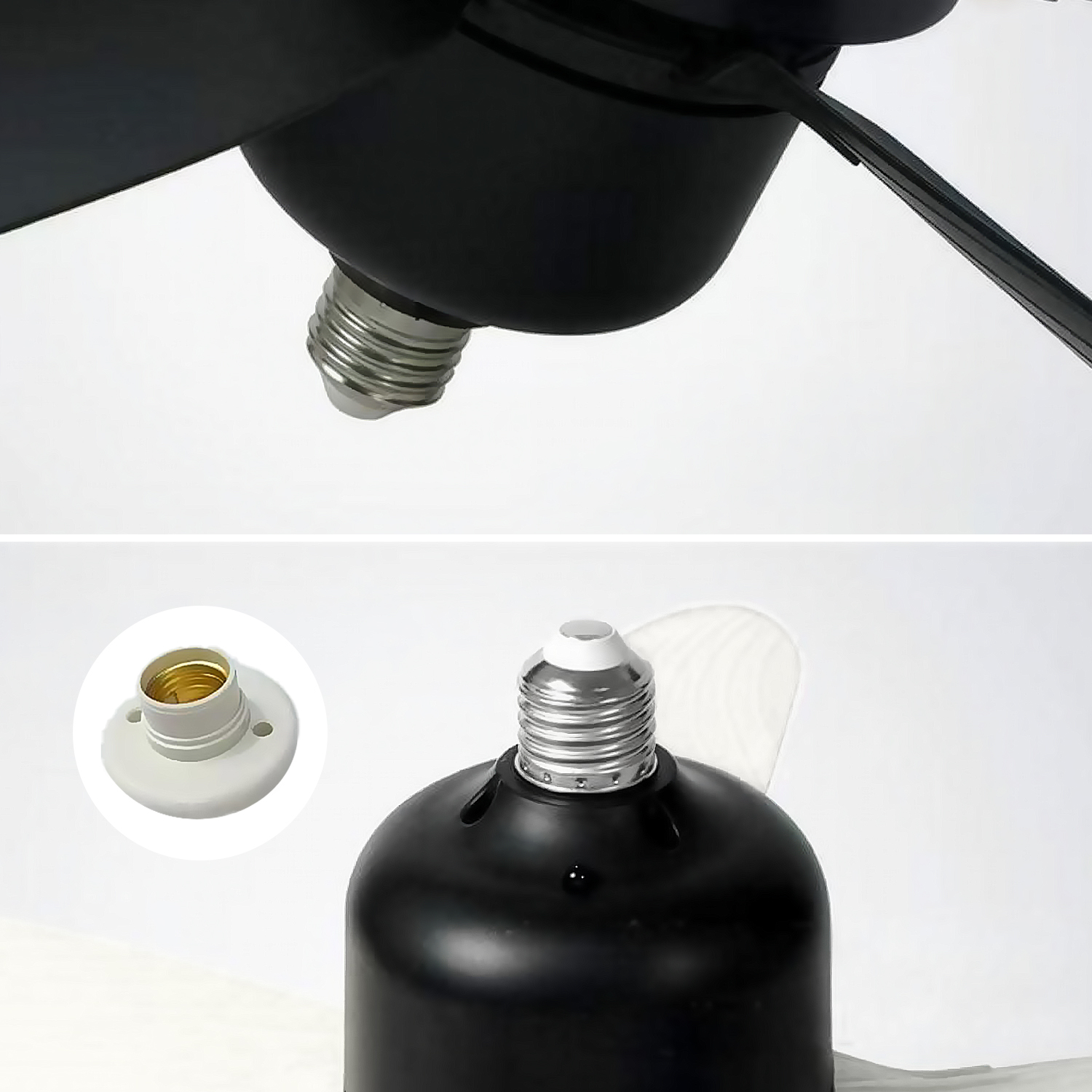 Primer plano de un portalámparas negro con base de rosca plateada y soporte blanco.