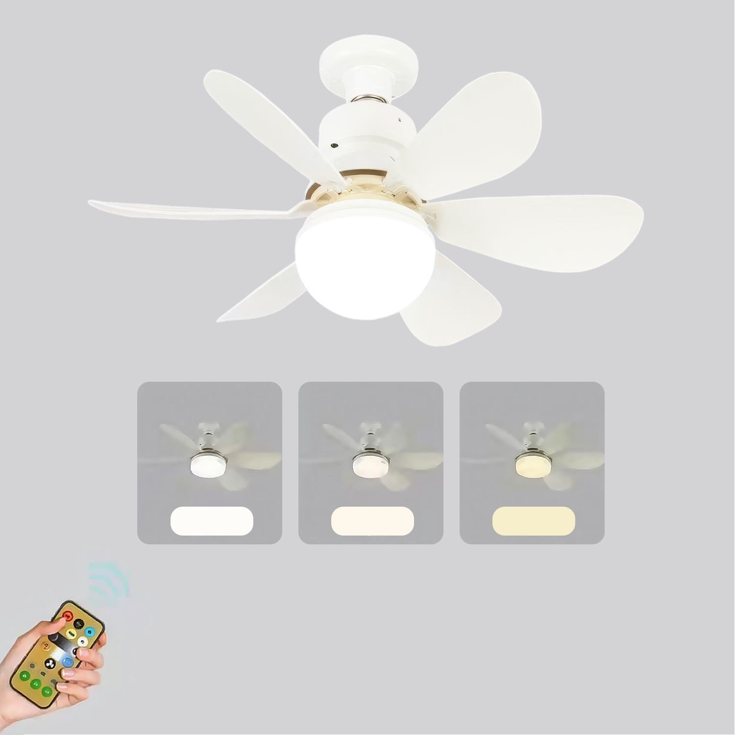 Una lámpara de ventilador de techo blanca con mando a distancia y tres modos de luz.