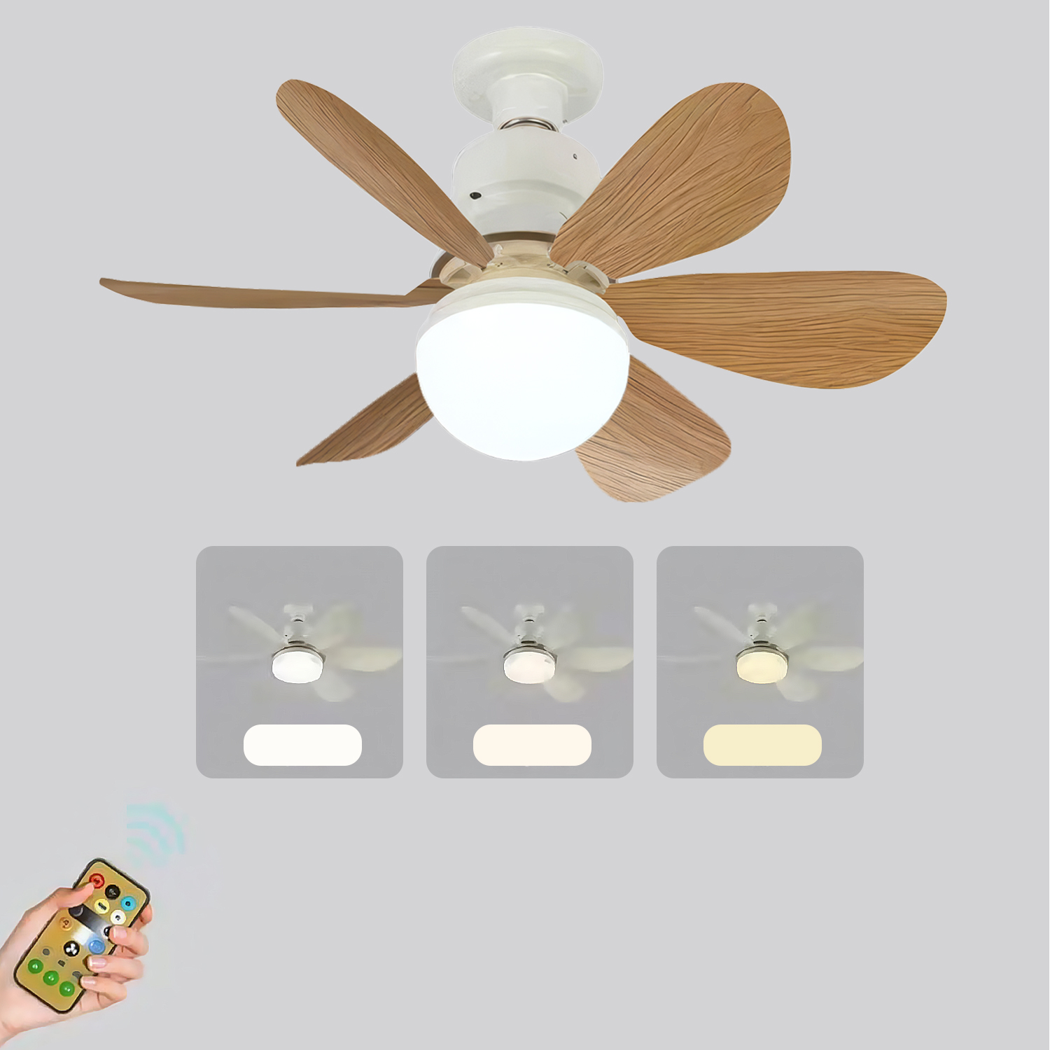 Se muestra un ventilador de techo blanco con aspas de madera y una luz. Un mando a distancia en mano.