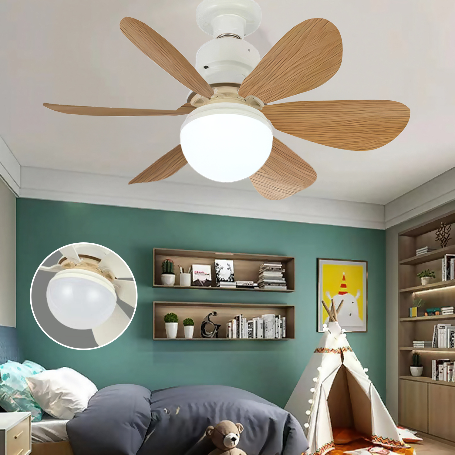 Una habitación infantil con ventilador de techo, cama, tipi y estanterías.