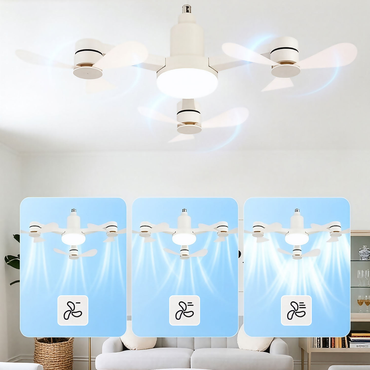 Ventilador de techo con luz y tres pantallas de modos de flujo de aire.