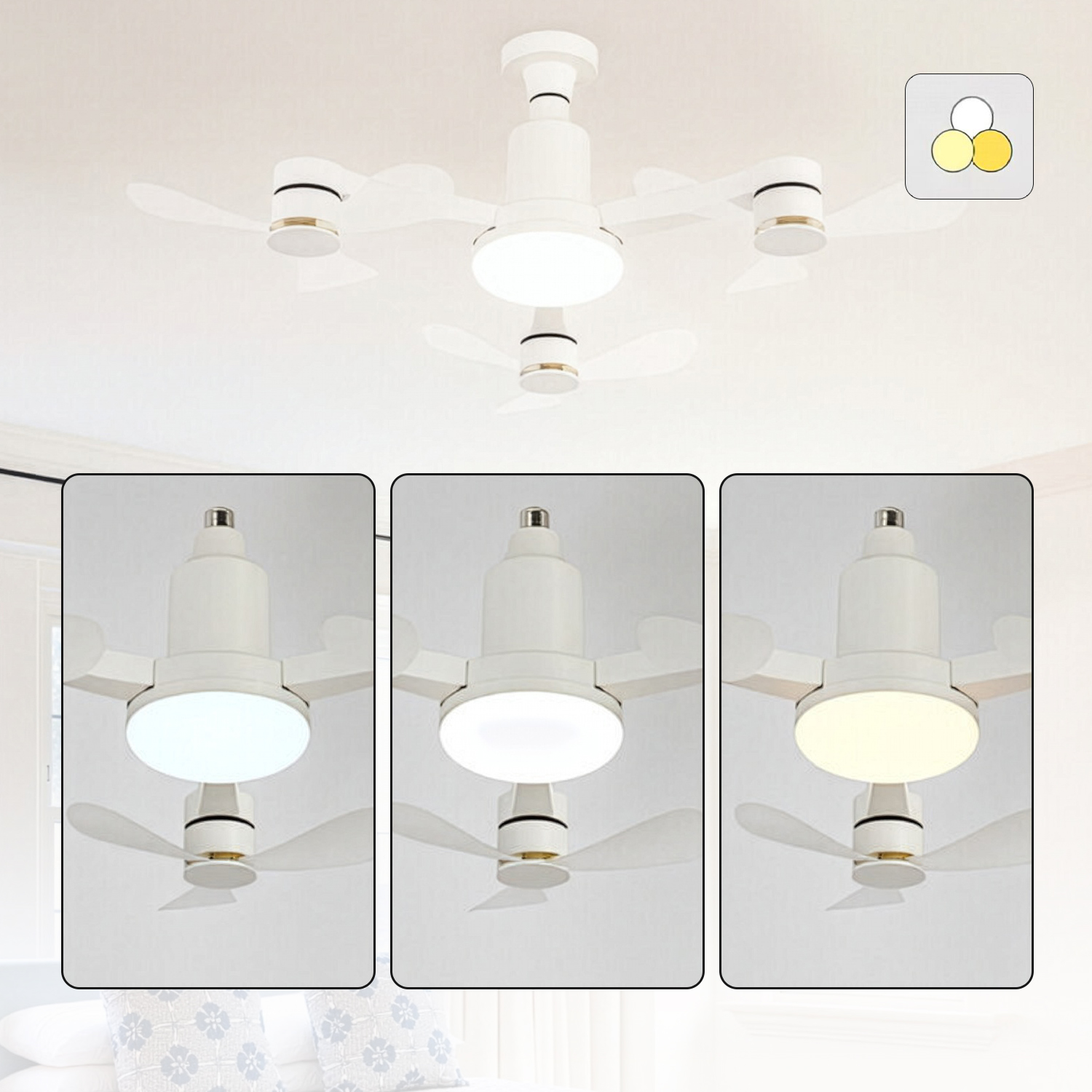 Luz de ventilador de techo blanca con tres temperaturas de color ajustables: blanco frío, neutro y cálido.