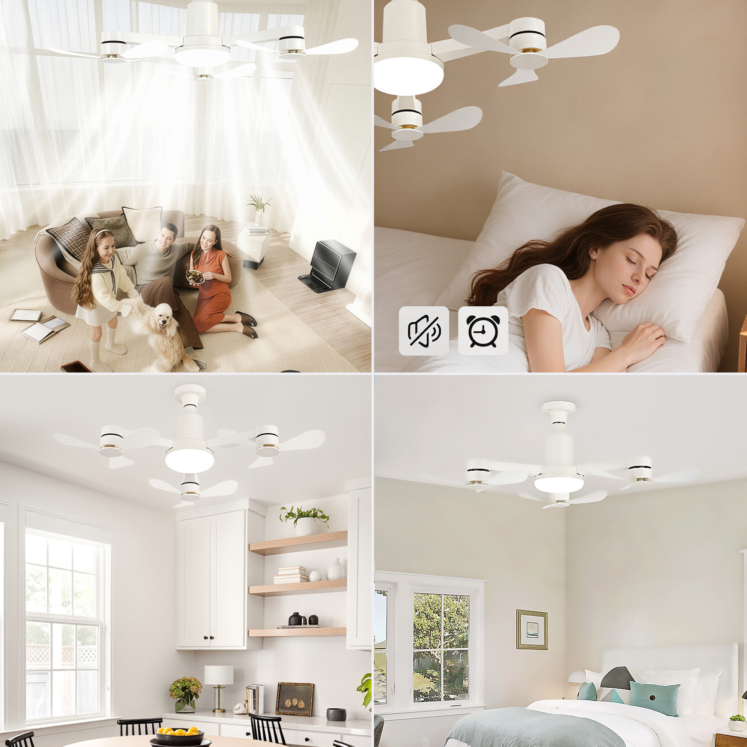 Un collage de cuatro imágenes que muestran ventiladores de techo blancos en diferentes espacios.