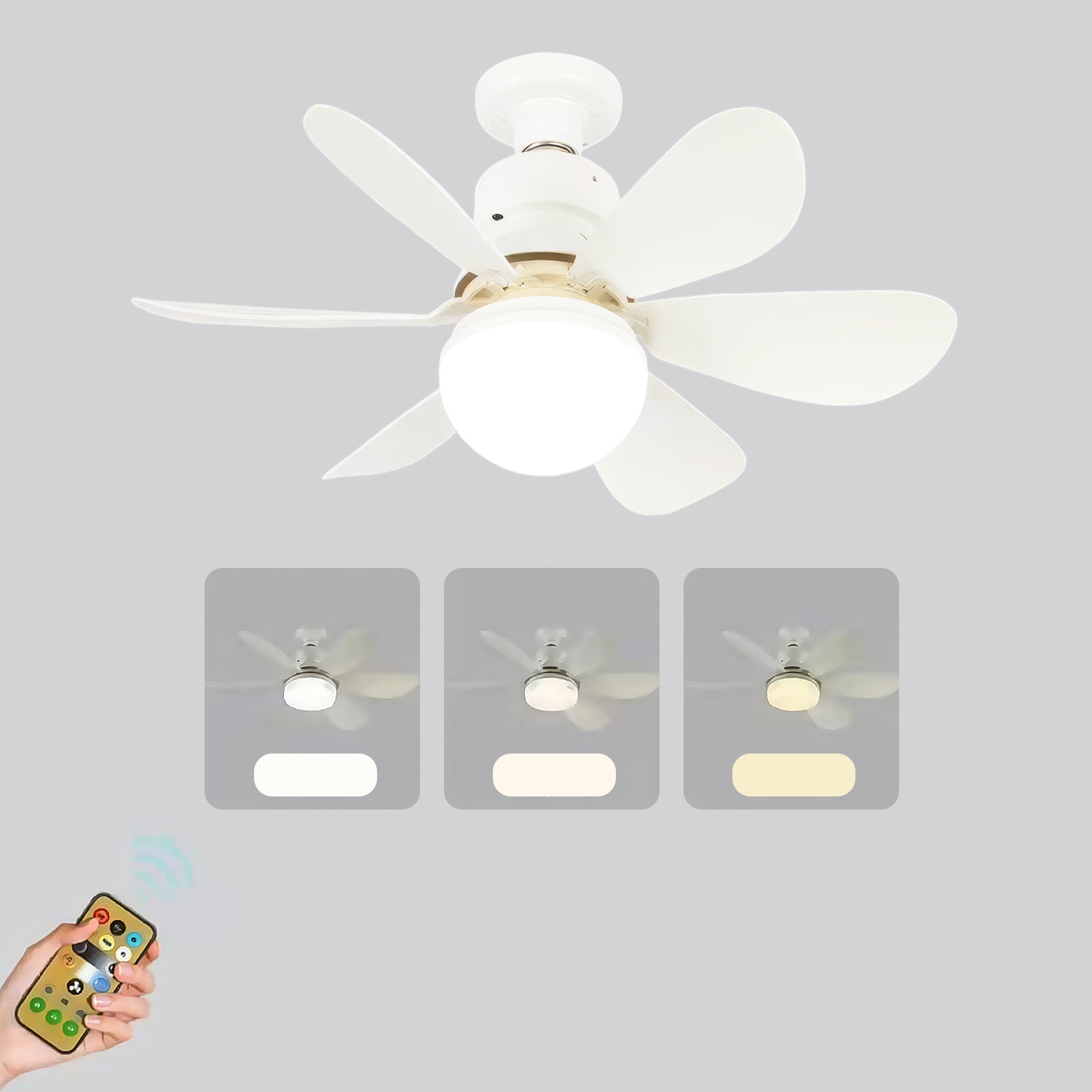 Lámpara de ventilador de techo blanca con control remoto y tres modos.