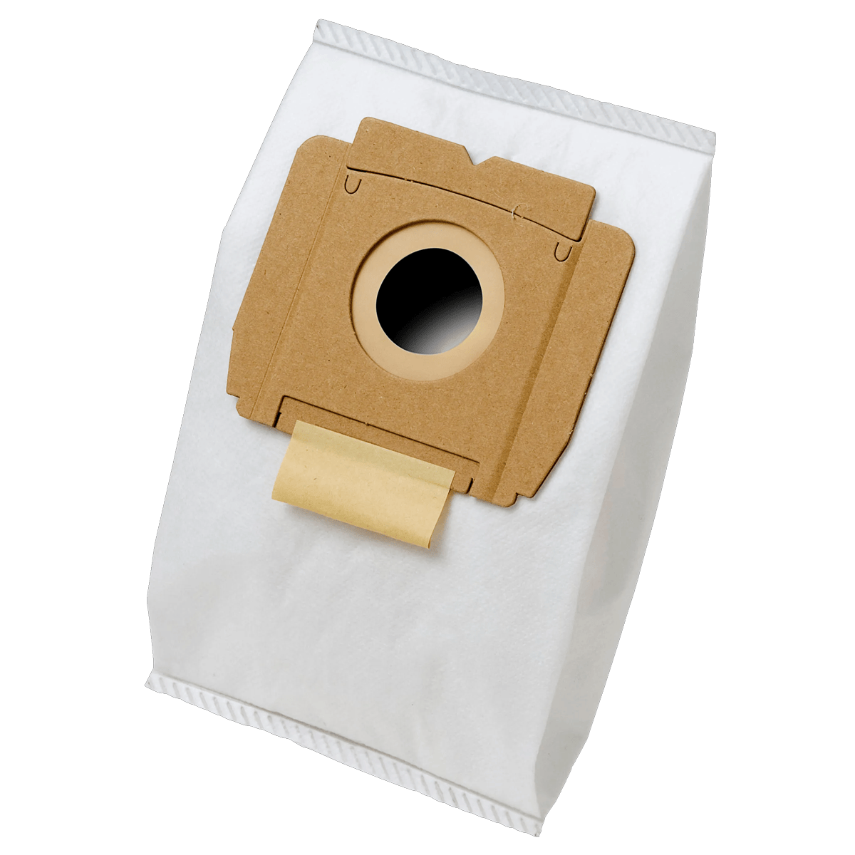 Una bolsa de aspiradora blanca de papel con conector de cartón marrón y agujero redondo.