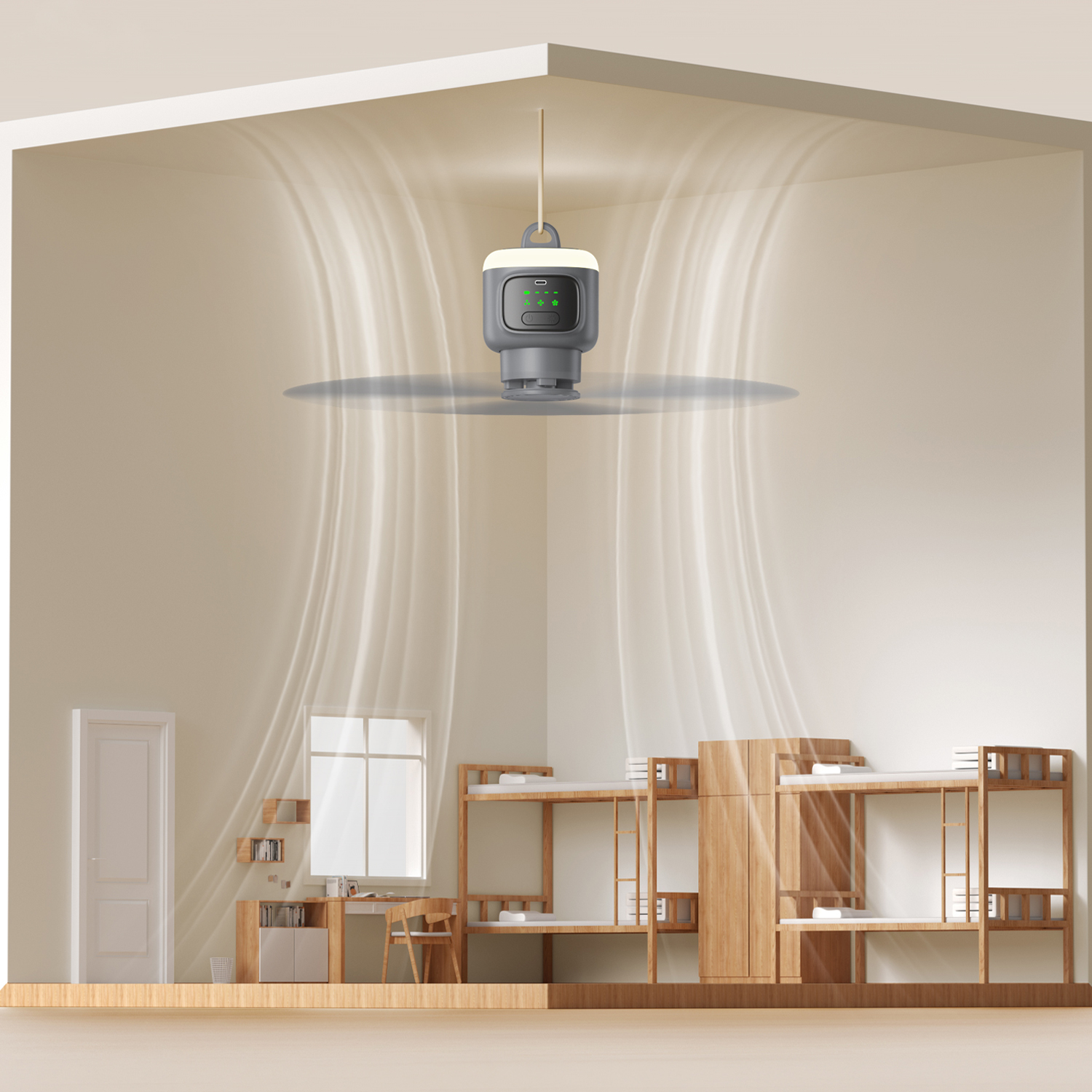 Un ventilador de techo circula aire en un dormitorio con literas y un escritorio.