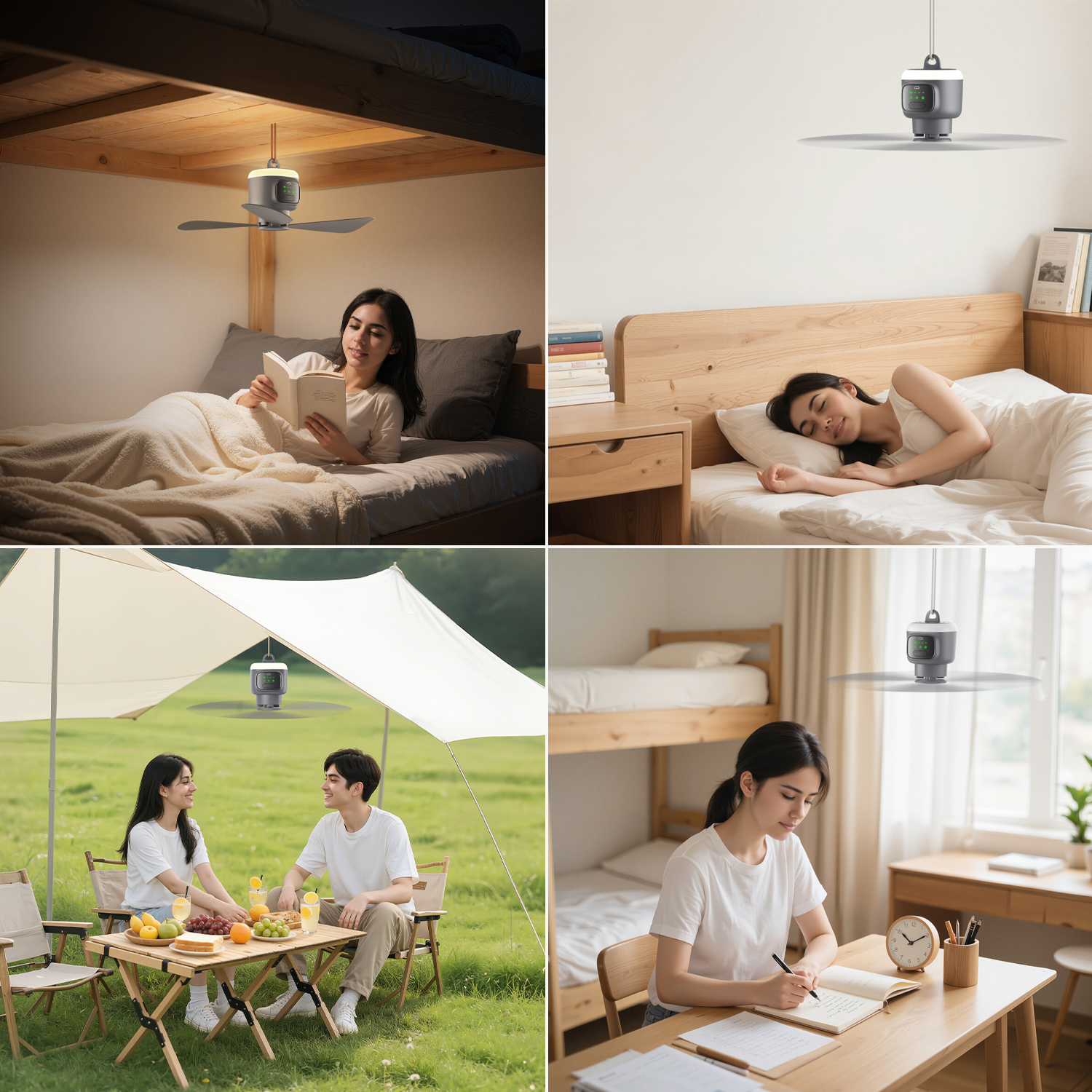Cuatro escenas muestran un ventilador portátil: leyendo en cama, durmiendo, acampando, estudiando.