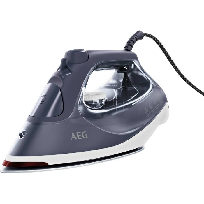 Una plancha de vapor AEG gris con depósito de agua transparente y cable negro.