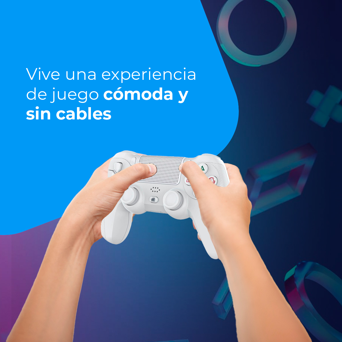 Manos sujetando un mando de juego blanco sobre un fondo azul y oscuro con símbolos.