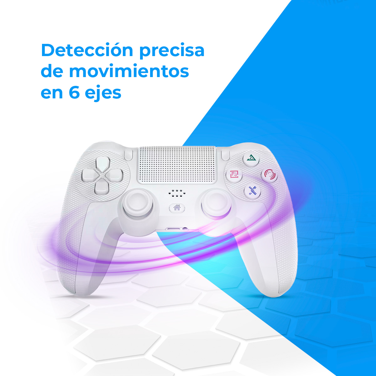 Un mando blanco con efectos de detección de movimiento, sobre una superficie blanca y azul.