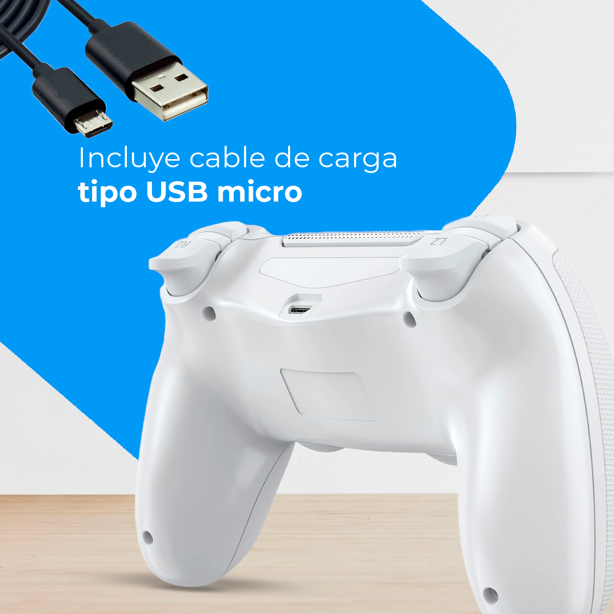 Un mando de juego blanco con un cable micro USB negro al lado.