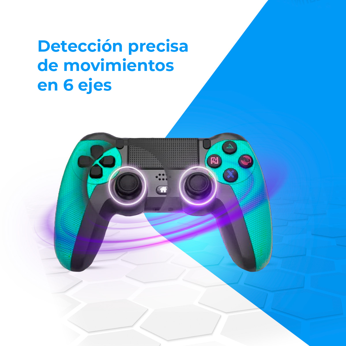 Un mando verde y negro con efectos de luz sobre un fondo azul y blanco.