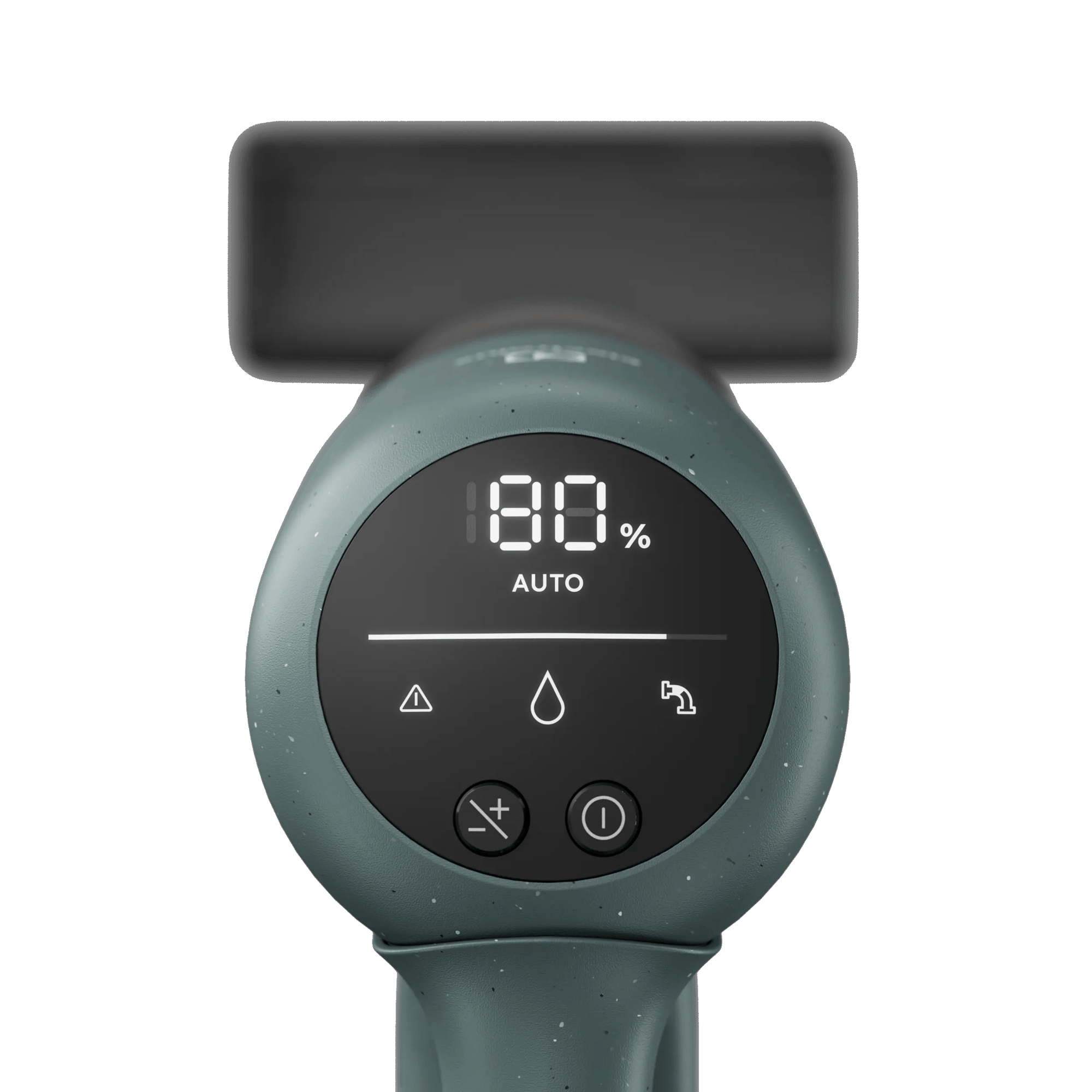 Dispositivo grigio con display digitale che mostra 80% AUTO, icone acqua e avviso.
