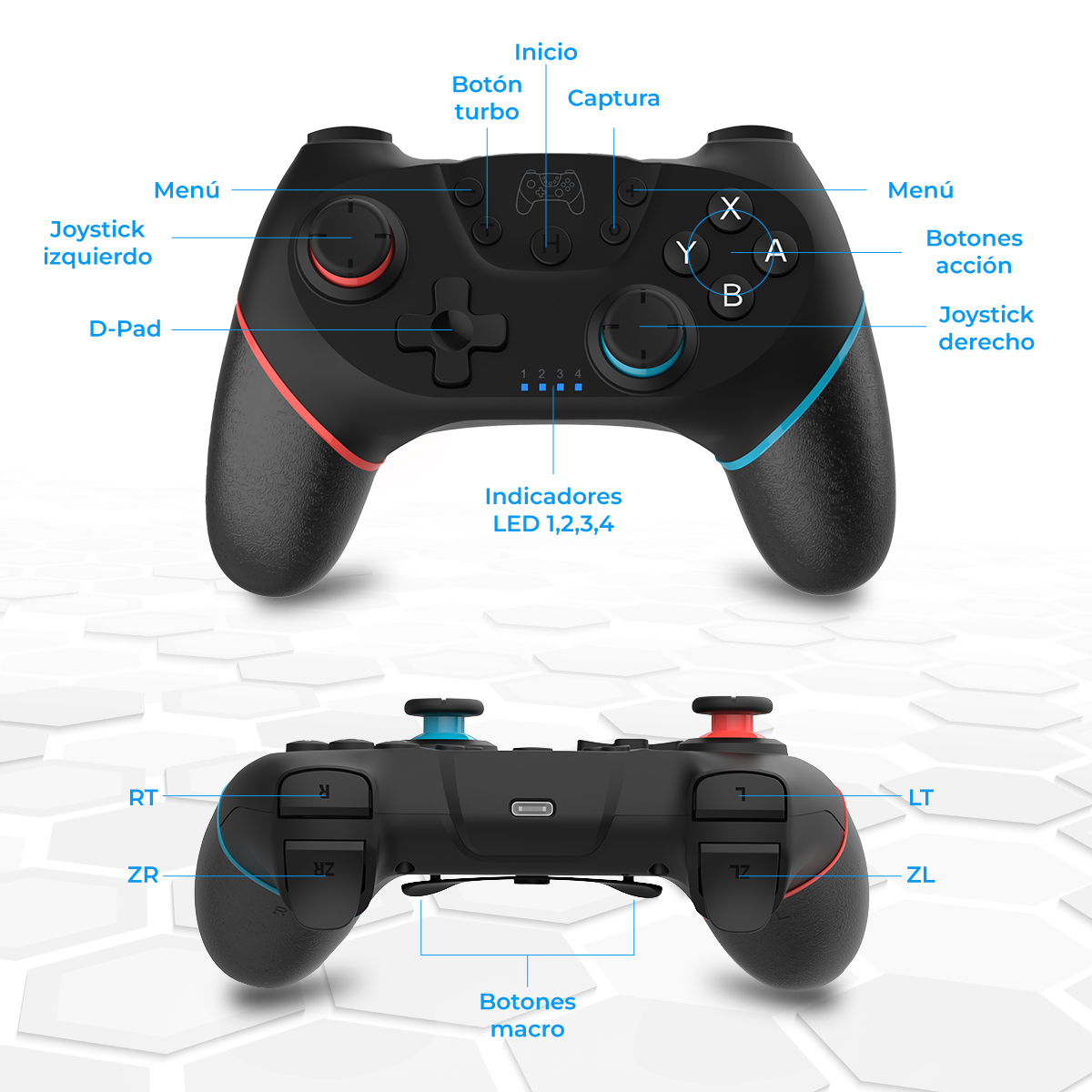 Un mando de juegos negro con detalles rojos y azules, visto desde arriba y abajo.