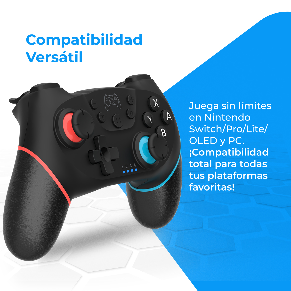 Controlador negro con detalles rojos y azules, para Nintendo Switch y PC.